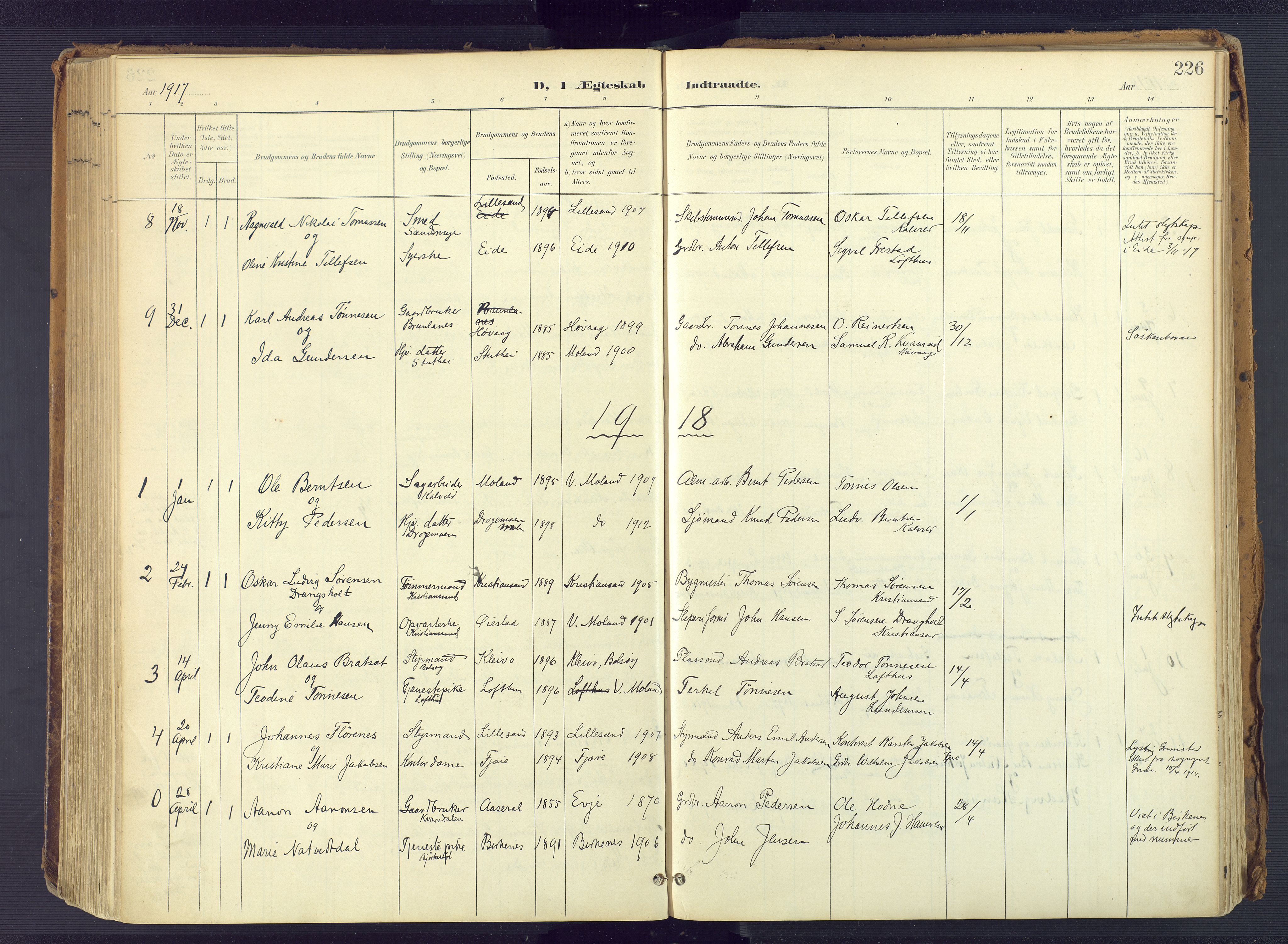 Vestre Moland sokneprestkontor, AV/SAK-1111-0046/F/Fa/Fab/L0010: Ministerialbok nr. A 10, 1900-1926, s. 226
