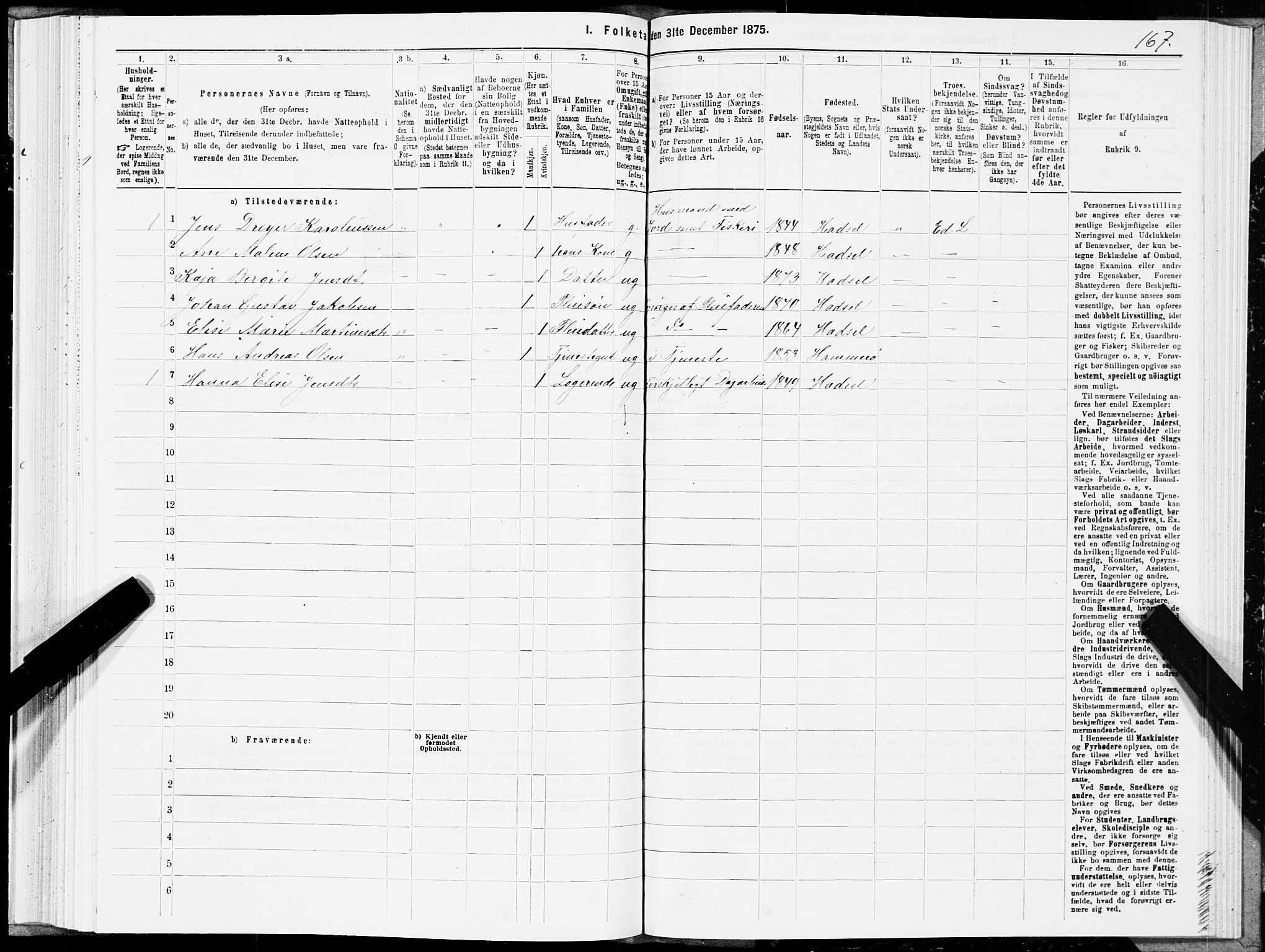 SAT, Folketelling 1875 for 1866P Hadsel prestegjeld, 1875, s. 2167