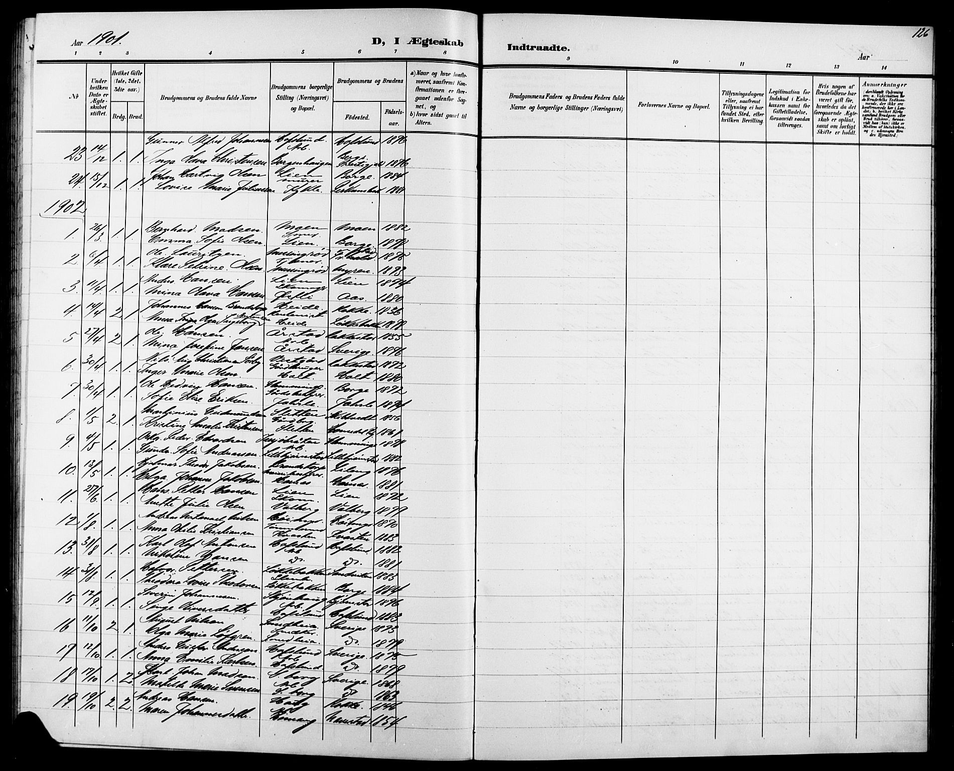 Skjeberg prestekontor Kirkebøker, AV/SAO-A-10923/G/Ga/L0002: Klokkerbok nr. I 2, 1901-1924, s. 126