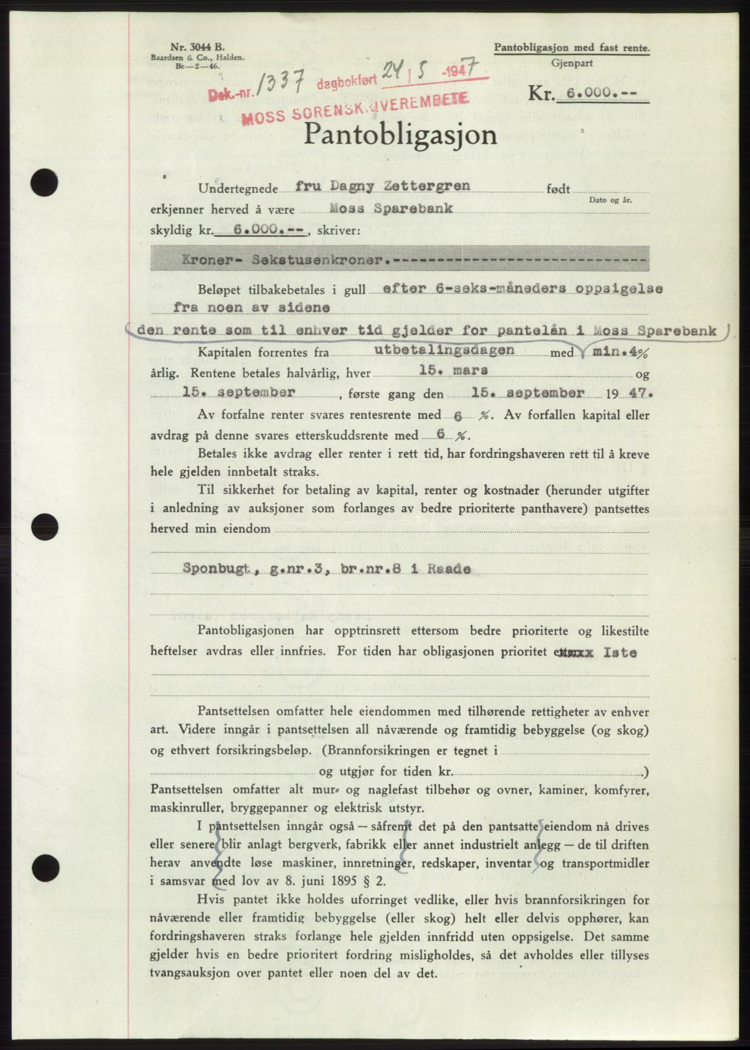 Moss sorenskriveri, SAO/A-10168: Pantebok nr. B17, 1947-1947, Dagboknr: 1337/1947