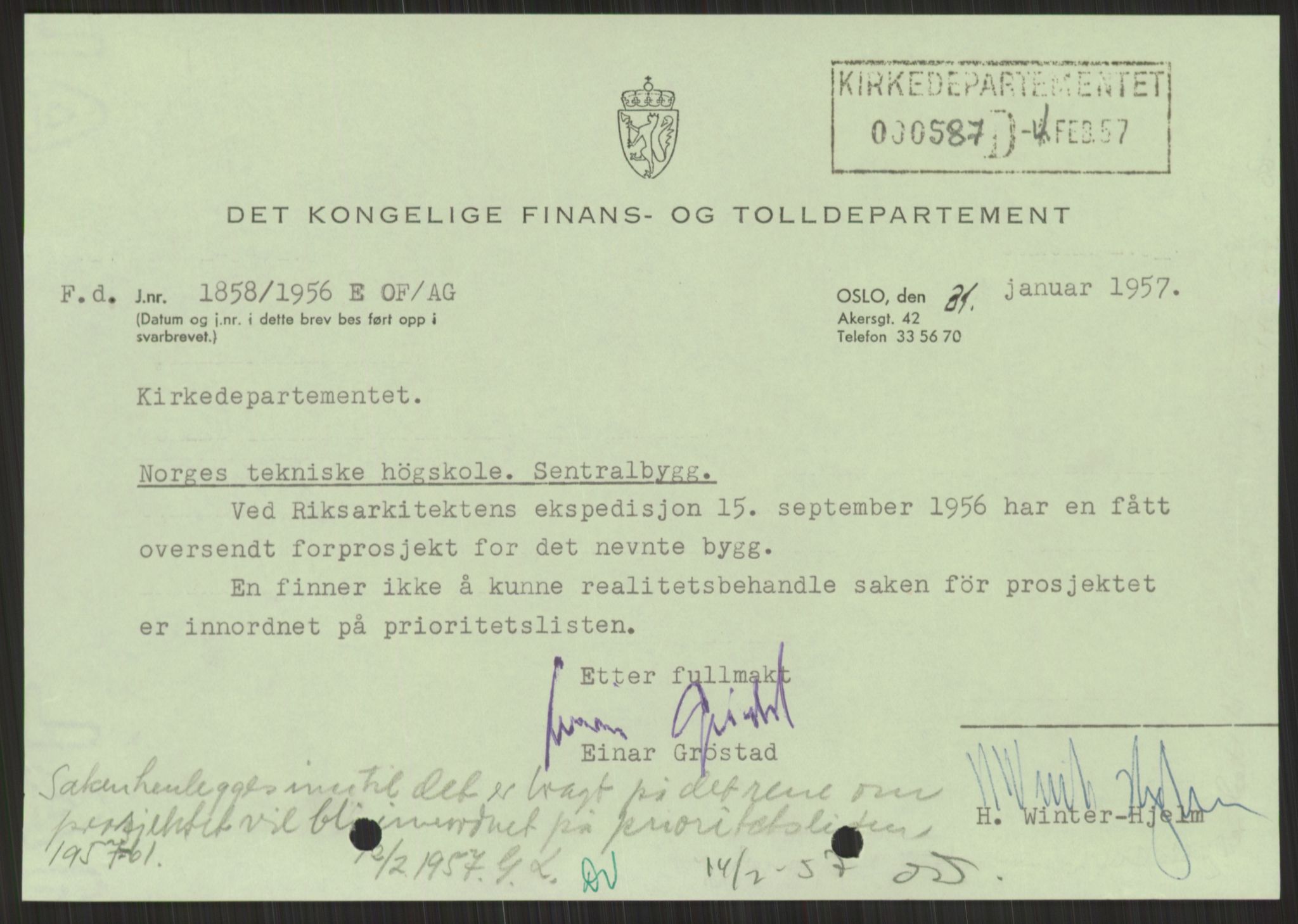 Kirke- og undervisningsdepartementet, Kulturavdelingen, AV/RA-S-2309/D/Db/L0056/0001: 024 BYGGESAKER UNIVERSITETET I TRONDHEIM / 024 Sentralbygg og hovedbygning 1956-68, 1956-1968, s. 3