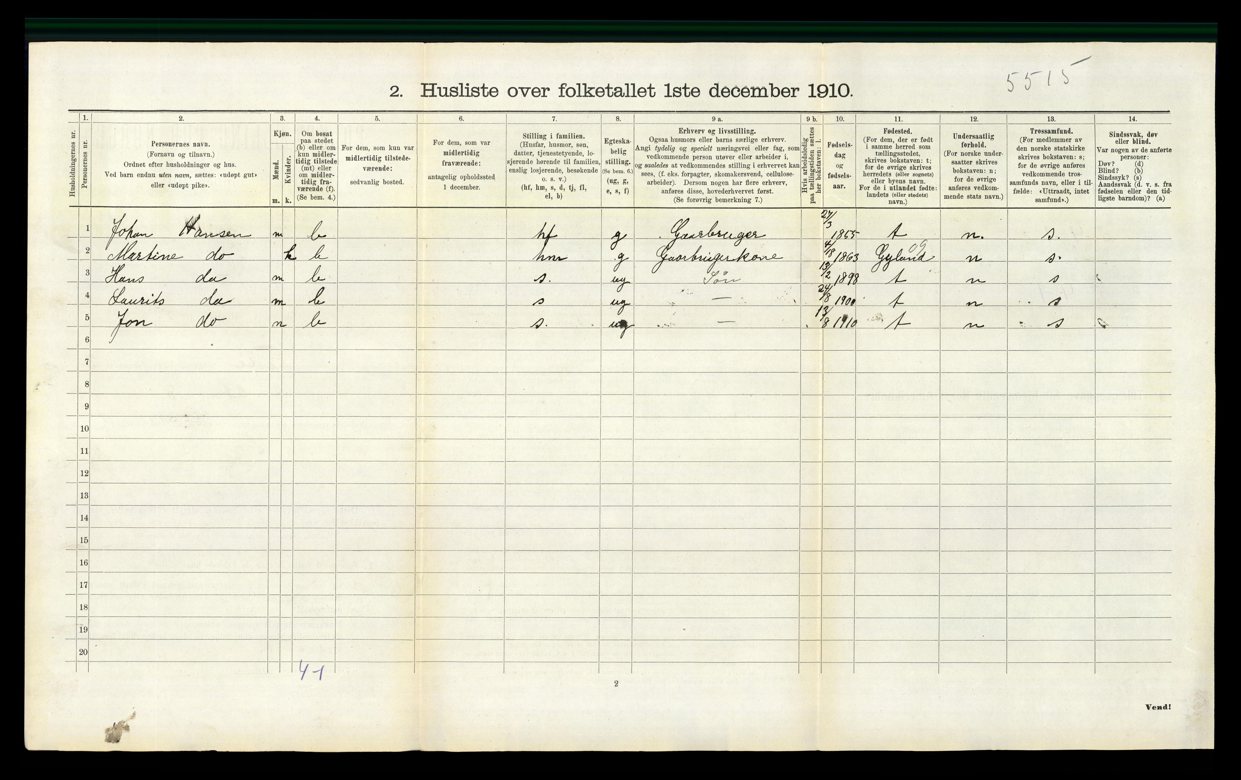 RA, Folketelling 1910 for 1038 Feda herred, 1910, s. 332