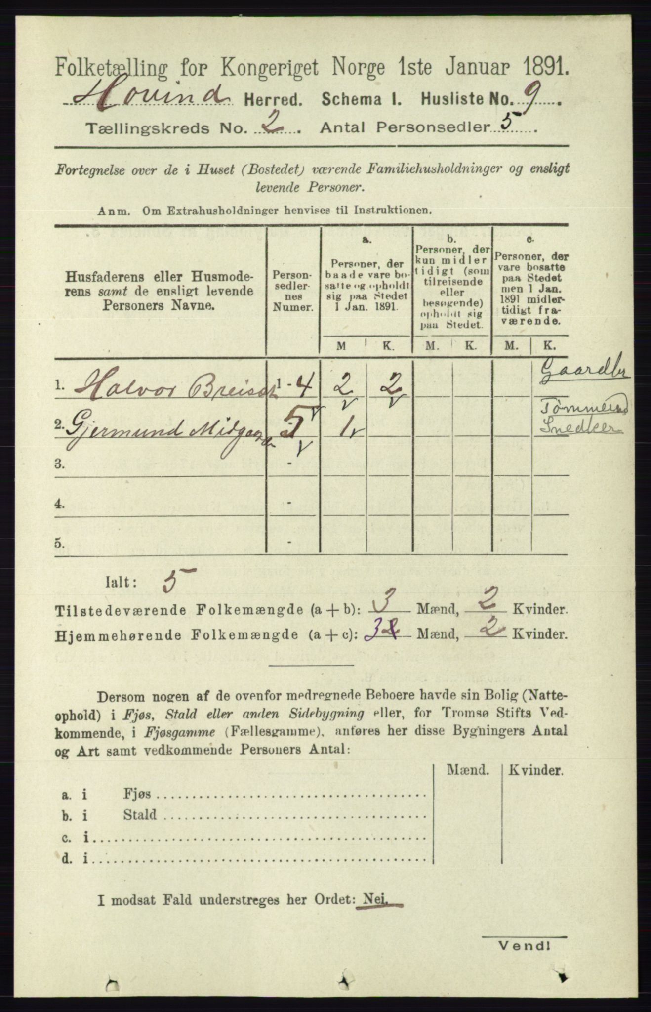 RA, Folketelling 1891 for 0825 Hovin herred, 1891, s. 467