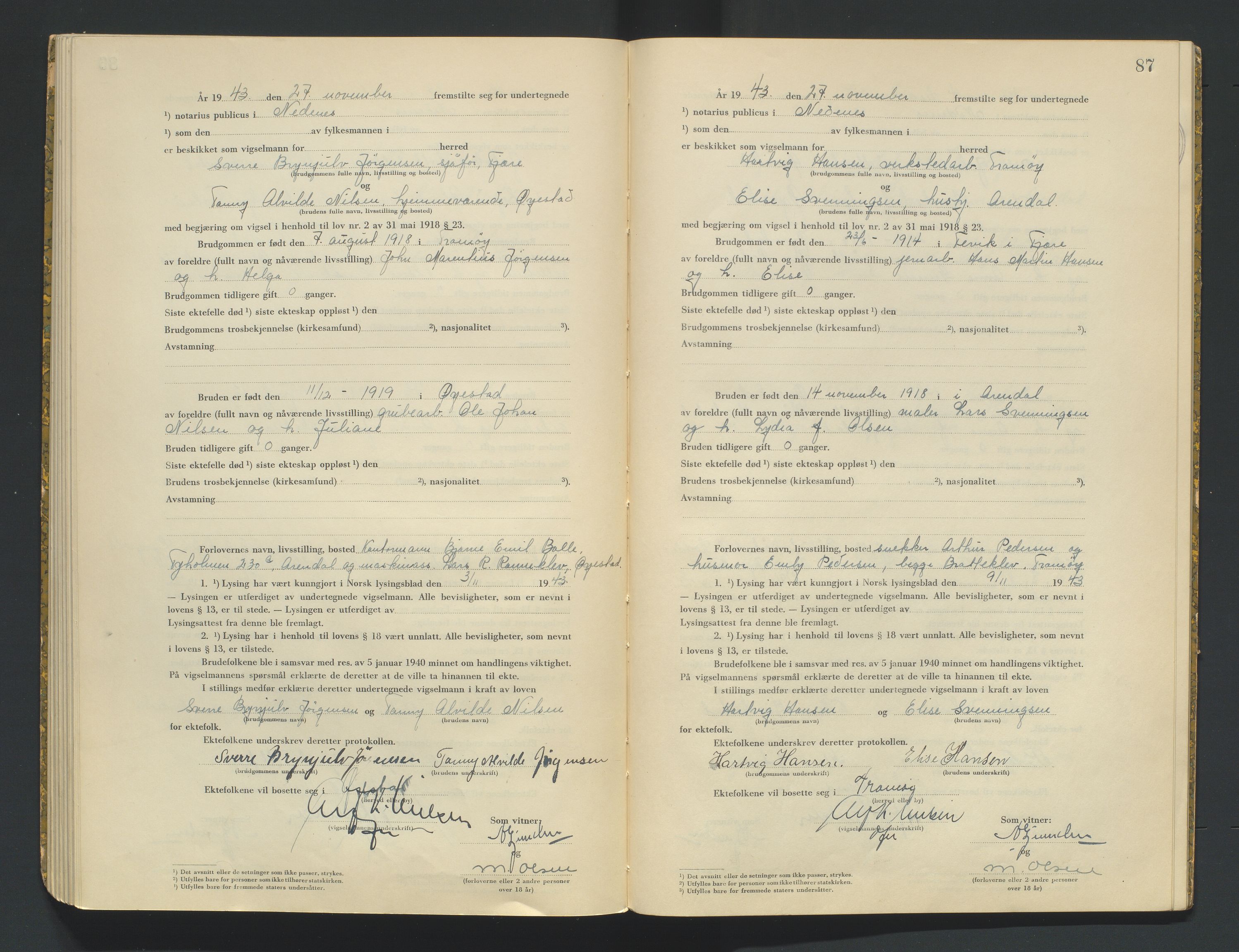 Nedenes sorenskriveri, SAK/1221-0006/L/Ld/L0002/0002: Vigselsbøker / Vigselbok, 1942-1943, s. 87