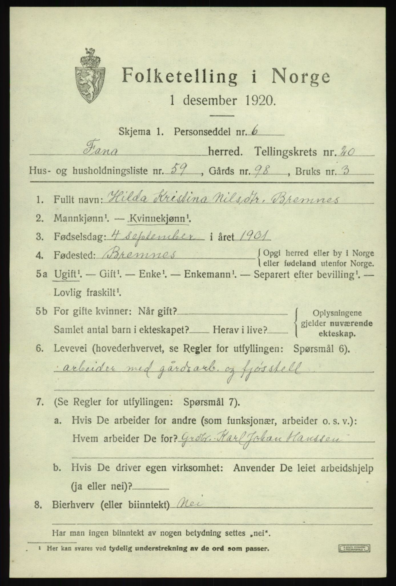 SAB, Folketelling 1920 for 1249 Fana herred, 1920, s. 24693