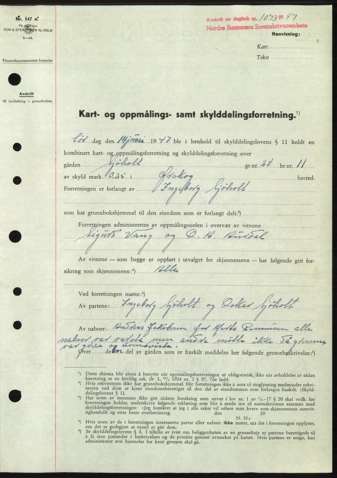 Nordre Sunnmøre sorenskriveri, SAT/A-0006/1/2/2C/2Ca: Pantebok nr. A24, 1947-1947, Dagboknr: 1073/1947