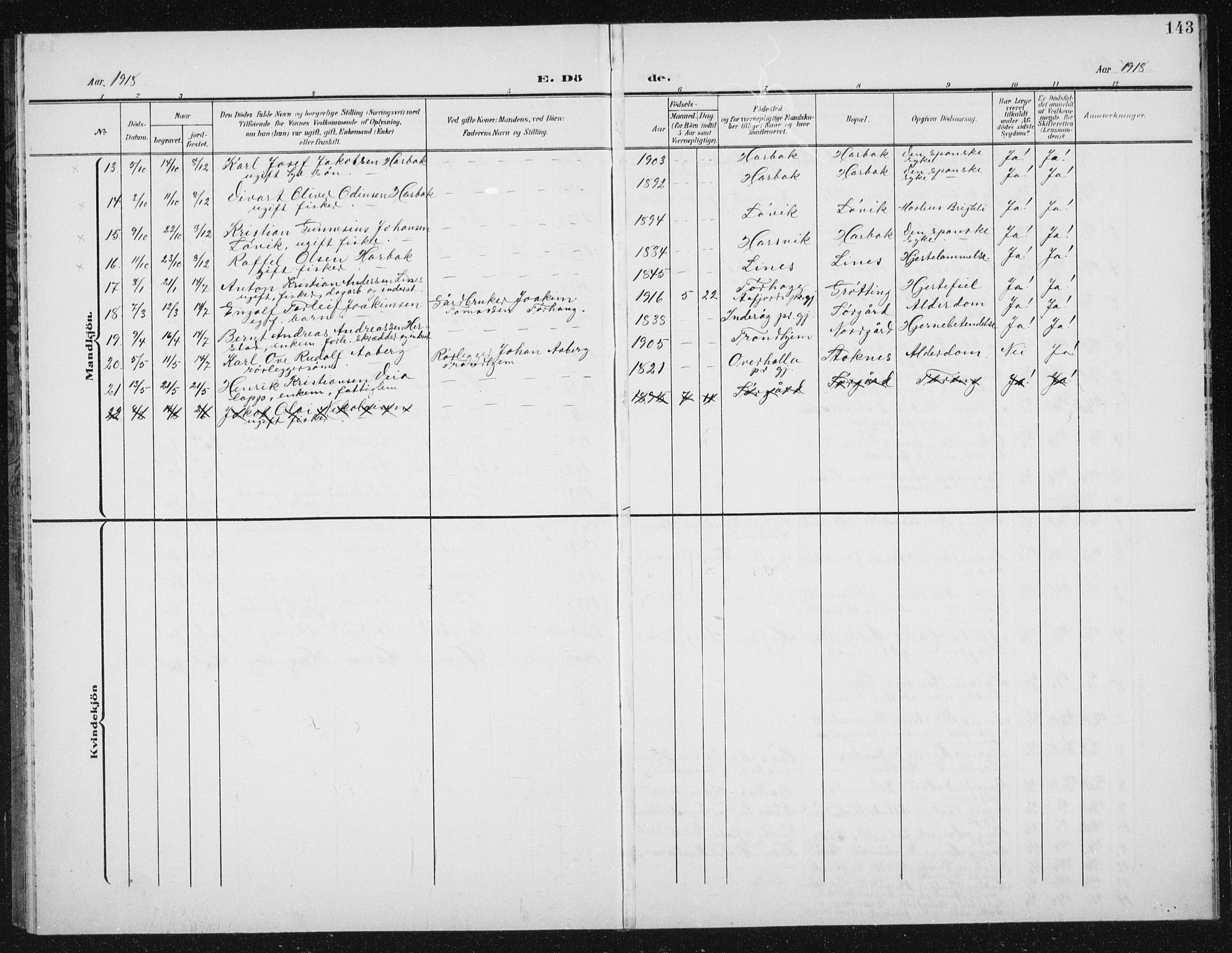 Ministerialprotokoller, klokkerbøker og fødselsregistre - Sør-Trøndelag, AV/SAT-A-1456/656/L0699: Klokkerbok nr. 656C05, 1905-1920, s. 143