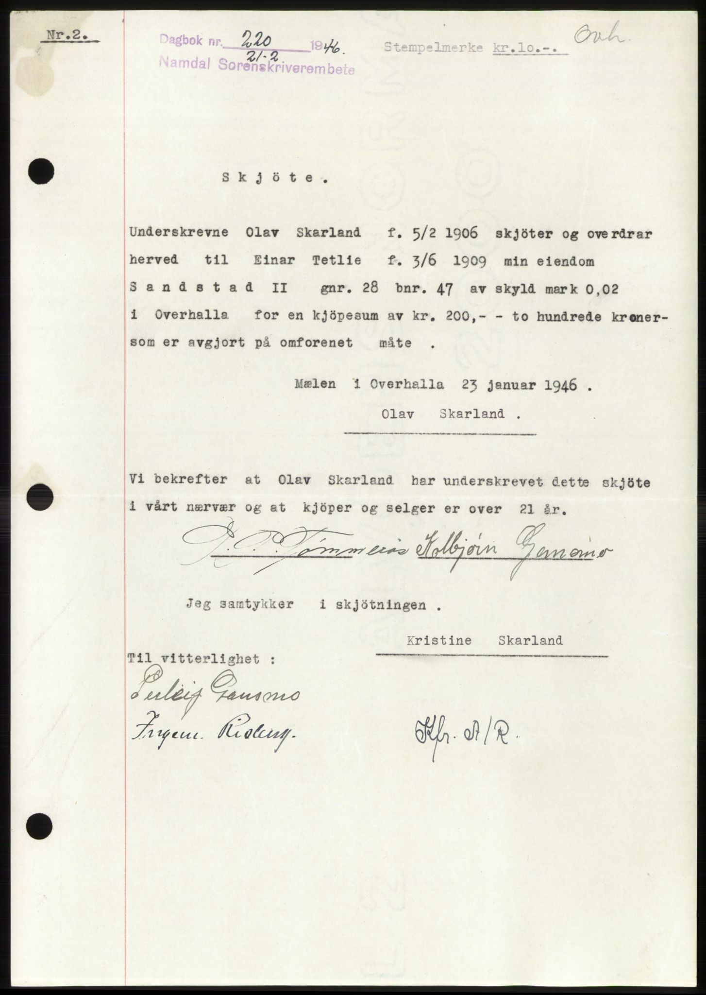 Namdal sorenskriveri, SAT/A-4133/1/2/2C: Pantebok nr. -, 1946-1946, Dagboknr: 220/1946