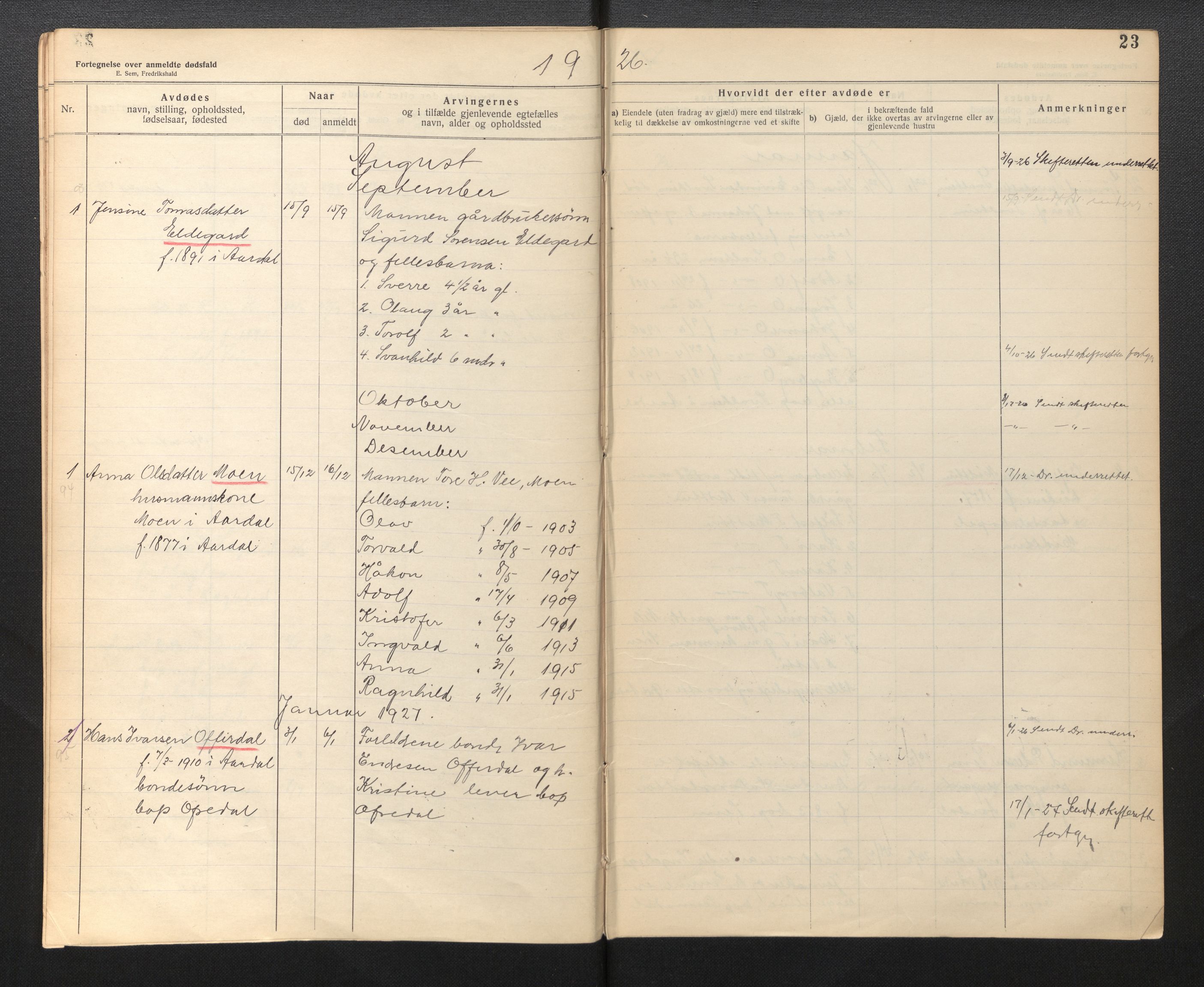 Lensmannen i Årdal, AV/SAB-A-30501/0006/L0002: Dødsfallprotokoll, 1921-1950, s. 23