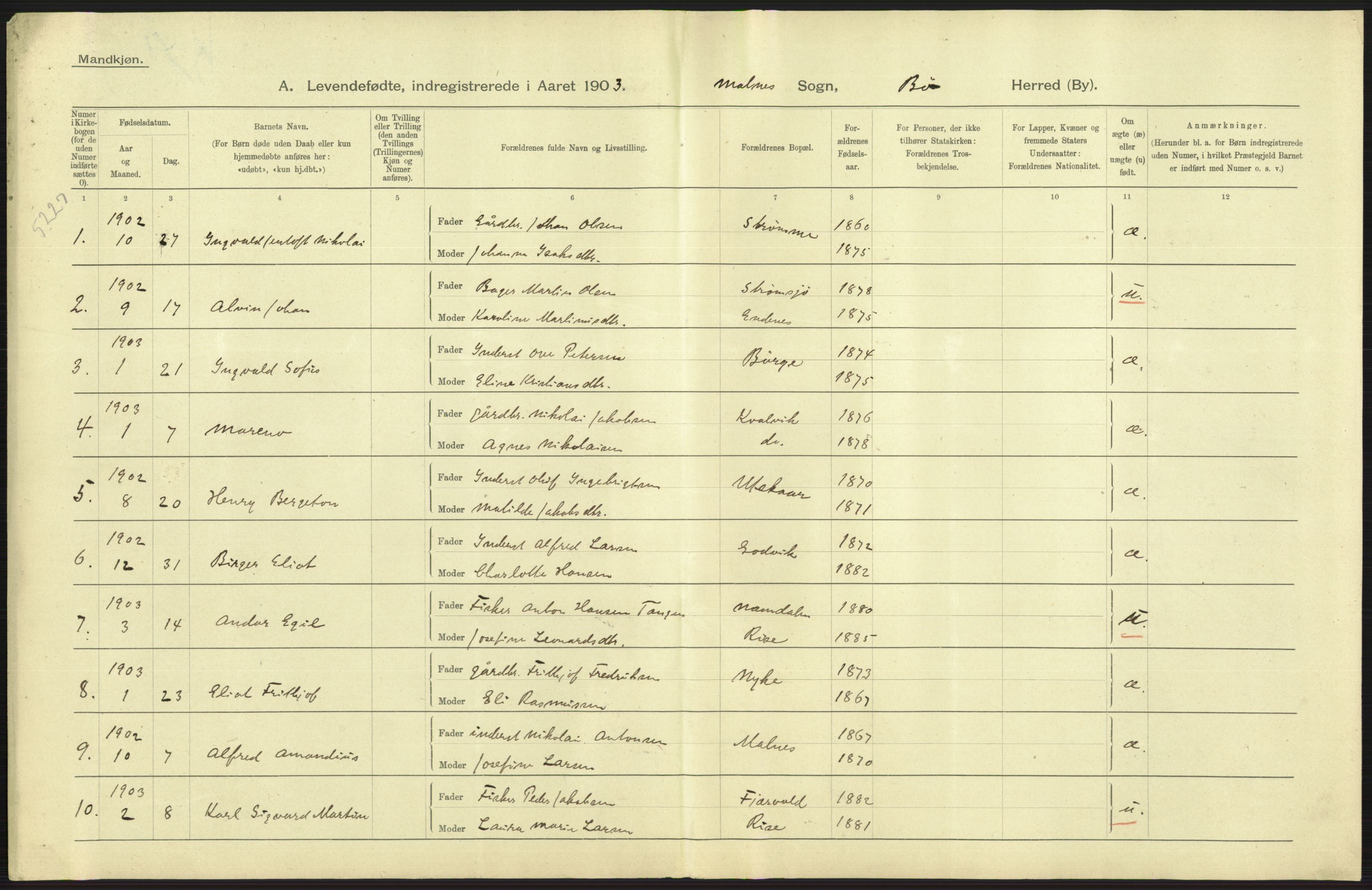 Statistisk sentralbyrå, Sosiodemografiske emner, Befolkning, AV/RA-S-2228/D/Df/Dfa/Dfaa/L0020: Nordlands amt: Fødte, gifte, døde., 1903, s. 7