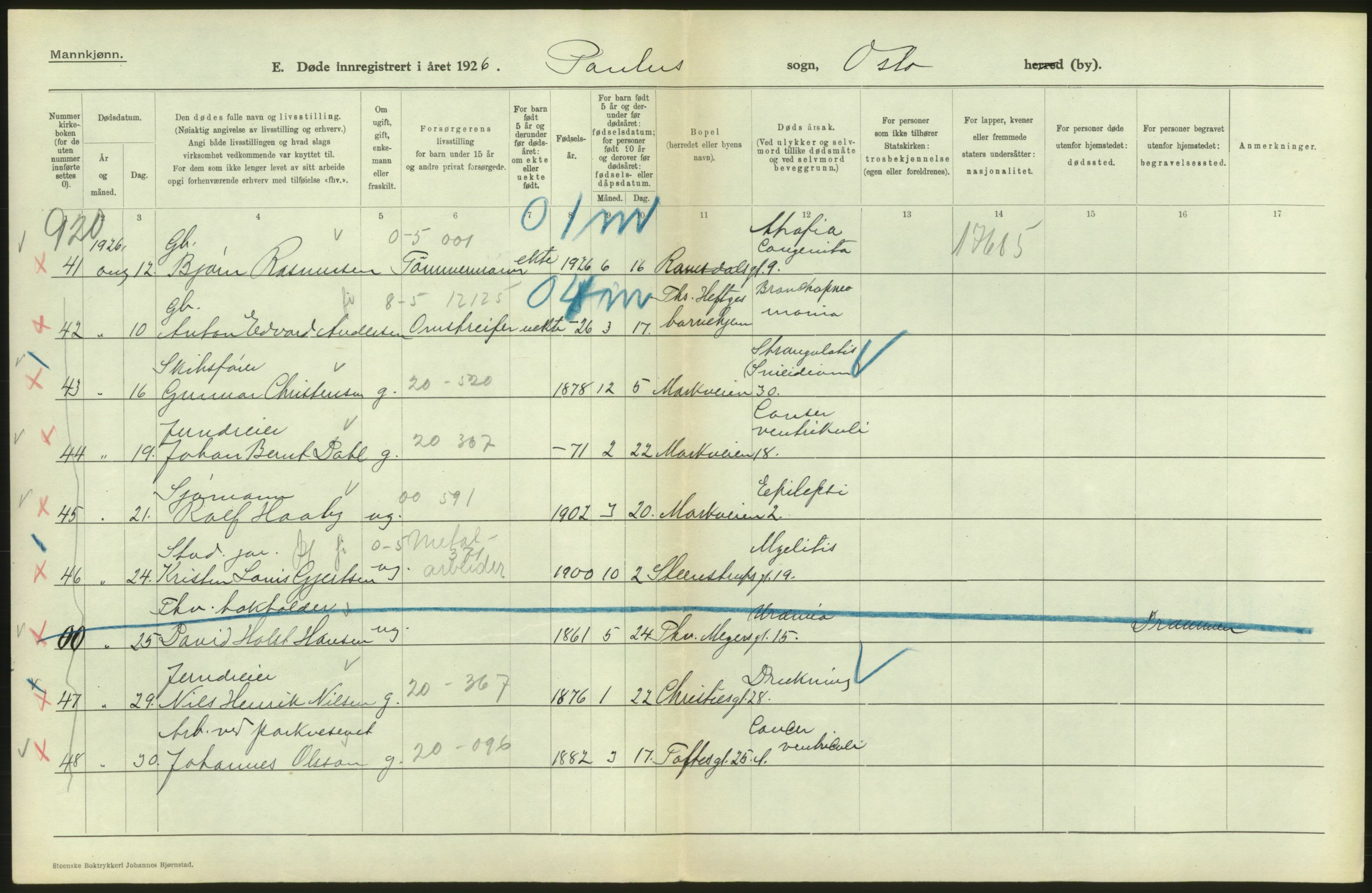 Statistisk sentralbyrå, Sosiodemografiske emner, Befolkning, AV/RA-S-2228/D/Df/Dfc/Dfcf/L0009: Oslo: Døde menn, 1926, s. 256