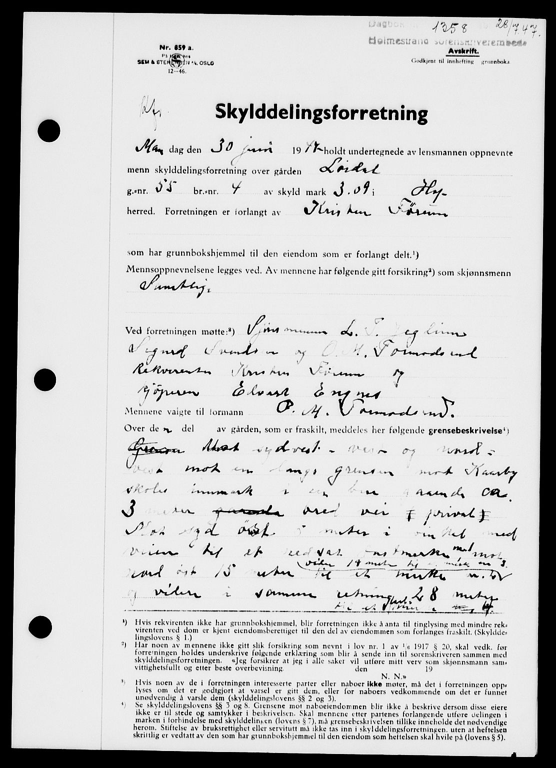Holmestrand sorenskriveri, SAKO/A-67/G/Ga/Gaa/L0062: Pantebok nr. A-62, 1947-1947, Dagboknr: 1358/1947