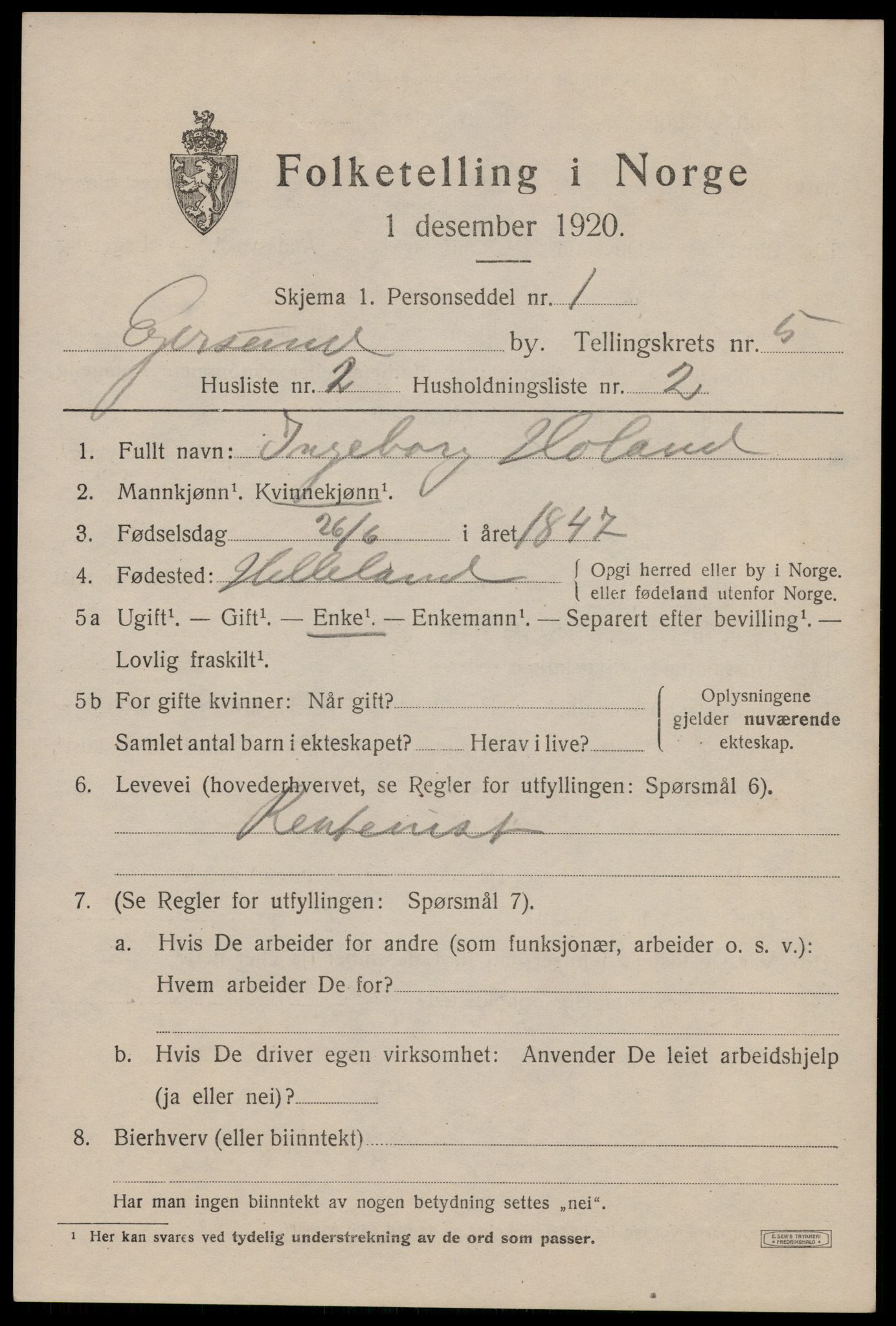 SAST, Folketelling 1920 for 1101 Egersund ladested, 1920, s. 8056