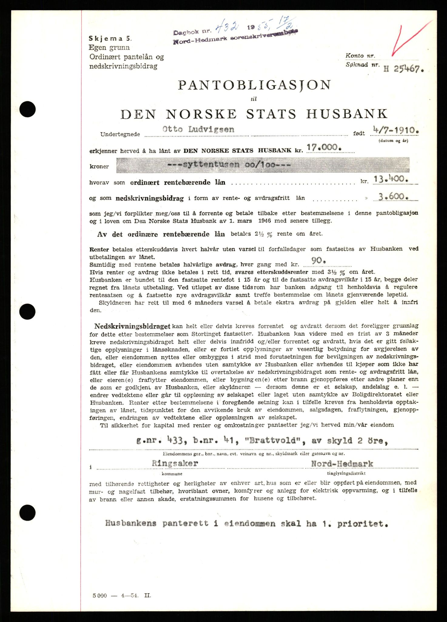 Nord-Hedmark sorenskriveri, SAH/TING-012/H/Hb/Hbf/L0032: Pantebok nr. B32, 1955-1955, Dagboknr: 432/1952