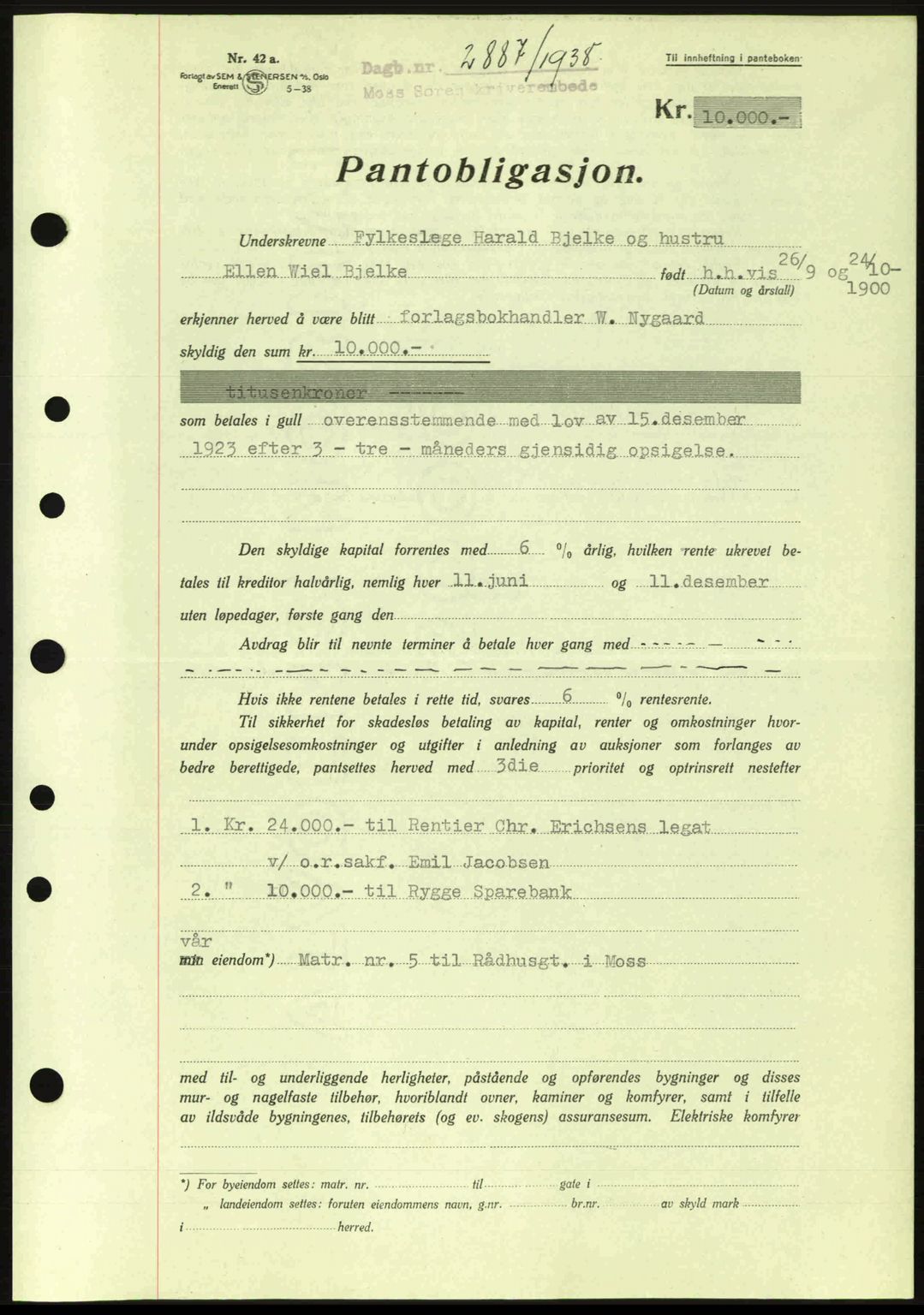 Moss sorenskriveri, SAO/A-10168: Pantebok nr. B6, 1938-1938, Dagboknr: 2887/1938