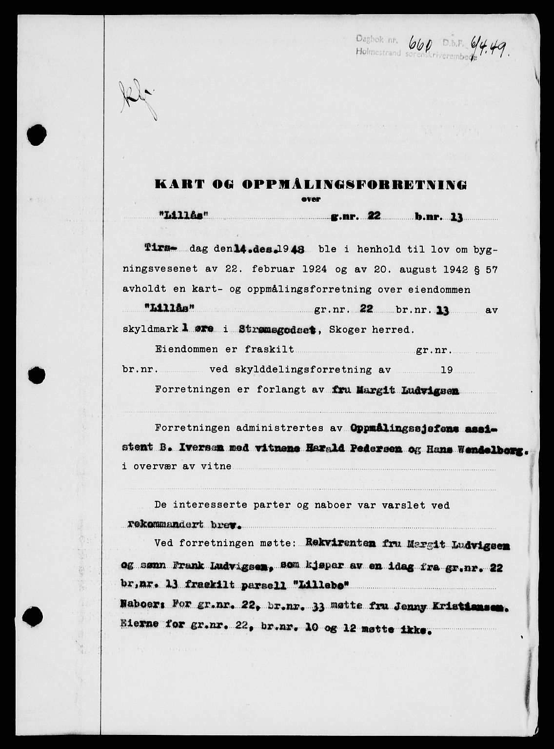 Holmestrand sorenskriveri, SAKO/A-67/G/Ga/Gaa/L0066: Pantebok nr. A-66, 1949-1949, Dagboknr: 660/1949