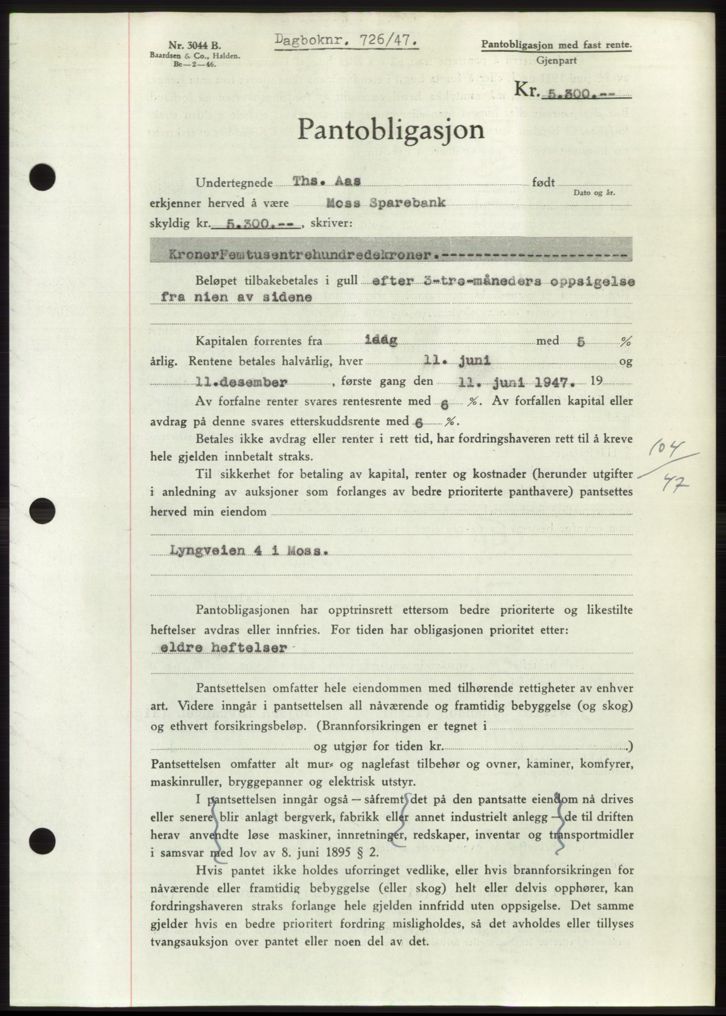 Moss sorenskriveri, SAO/A-10168: Pantebok nr. B16, 1946-1947, Dagboknr: 726/1947