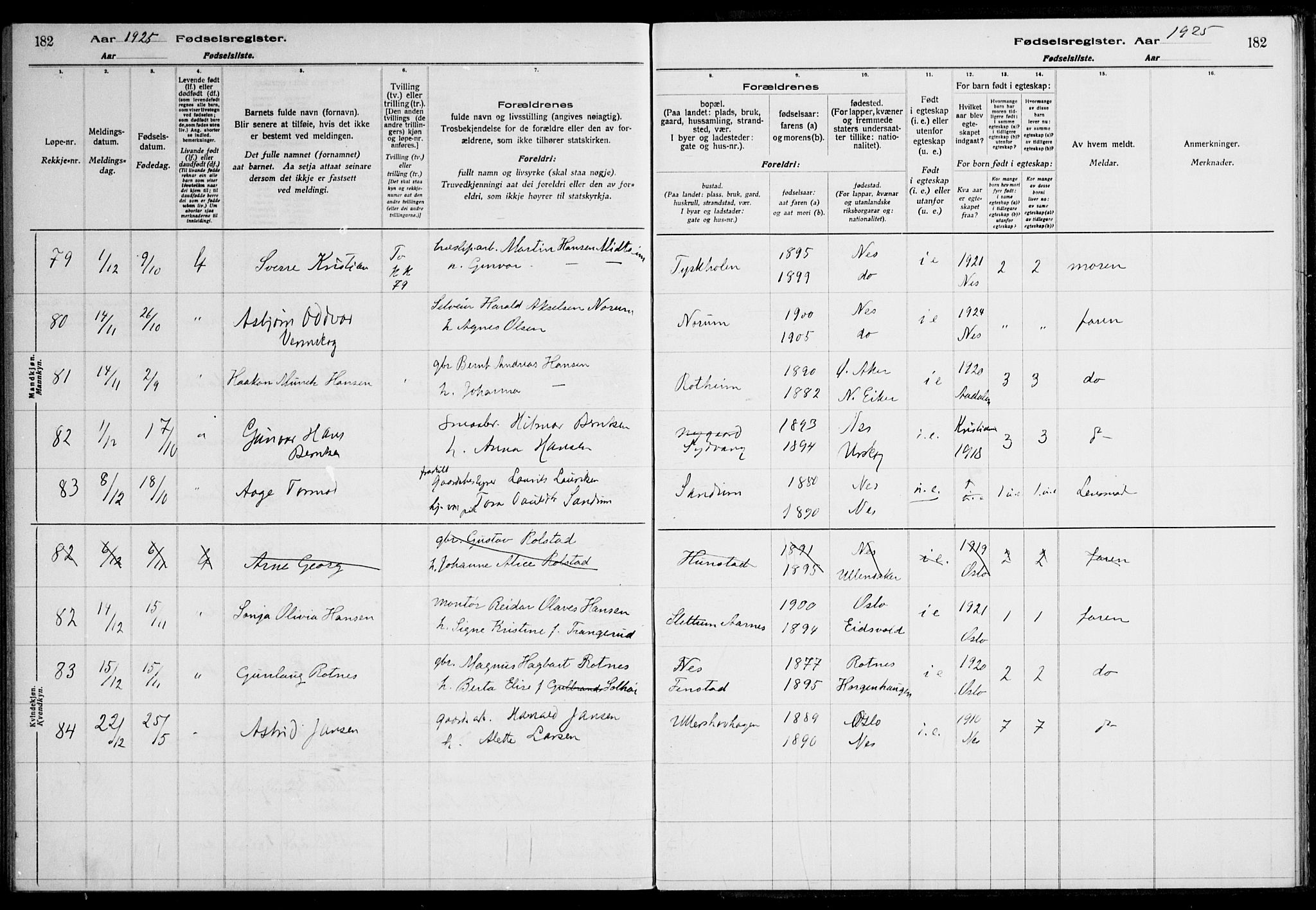 Nes prestekontor Kirkebøker, AV/SAO-A-10410/J/Ja/L0001: Fødselsregister nr. 1, 1916-1926, s. 182