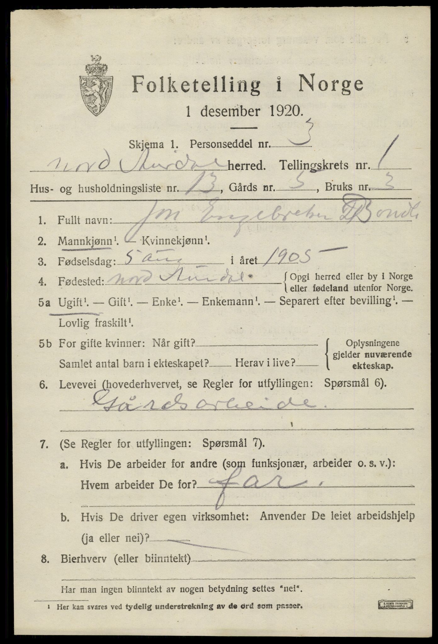 SAH, Folketelling 1920 for 0542 Nord-Aurdal herred, 1920, s. 2038