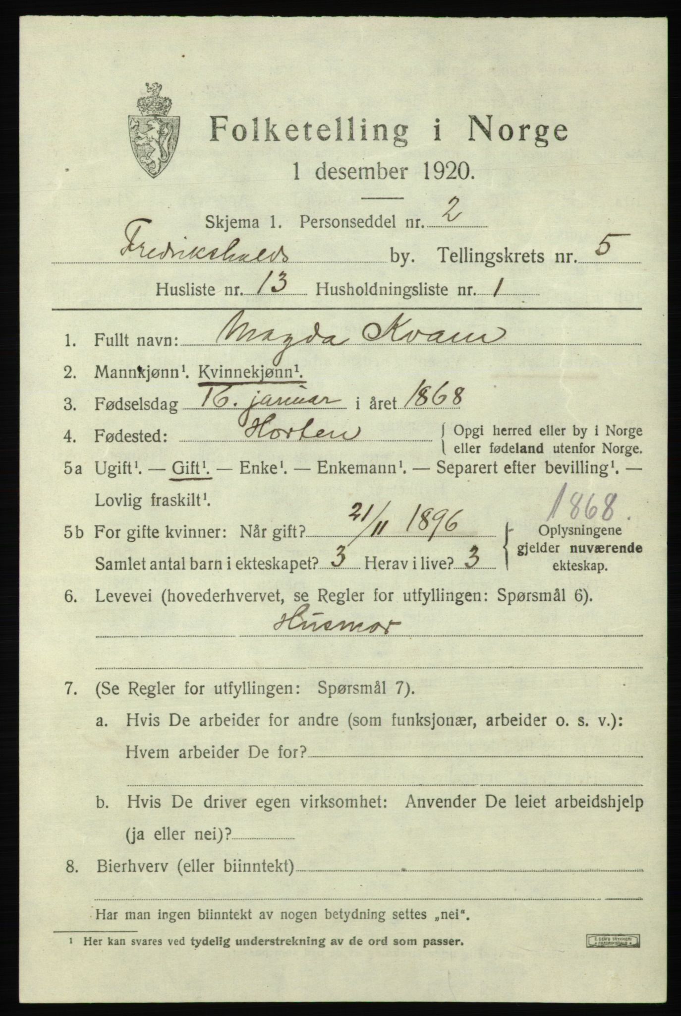 SAO, Folketelling 1920 for 0101 Fredrikshald kjøpstad, 1920, s. 12253