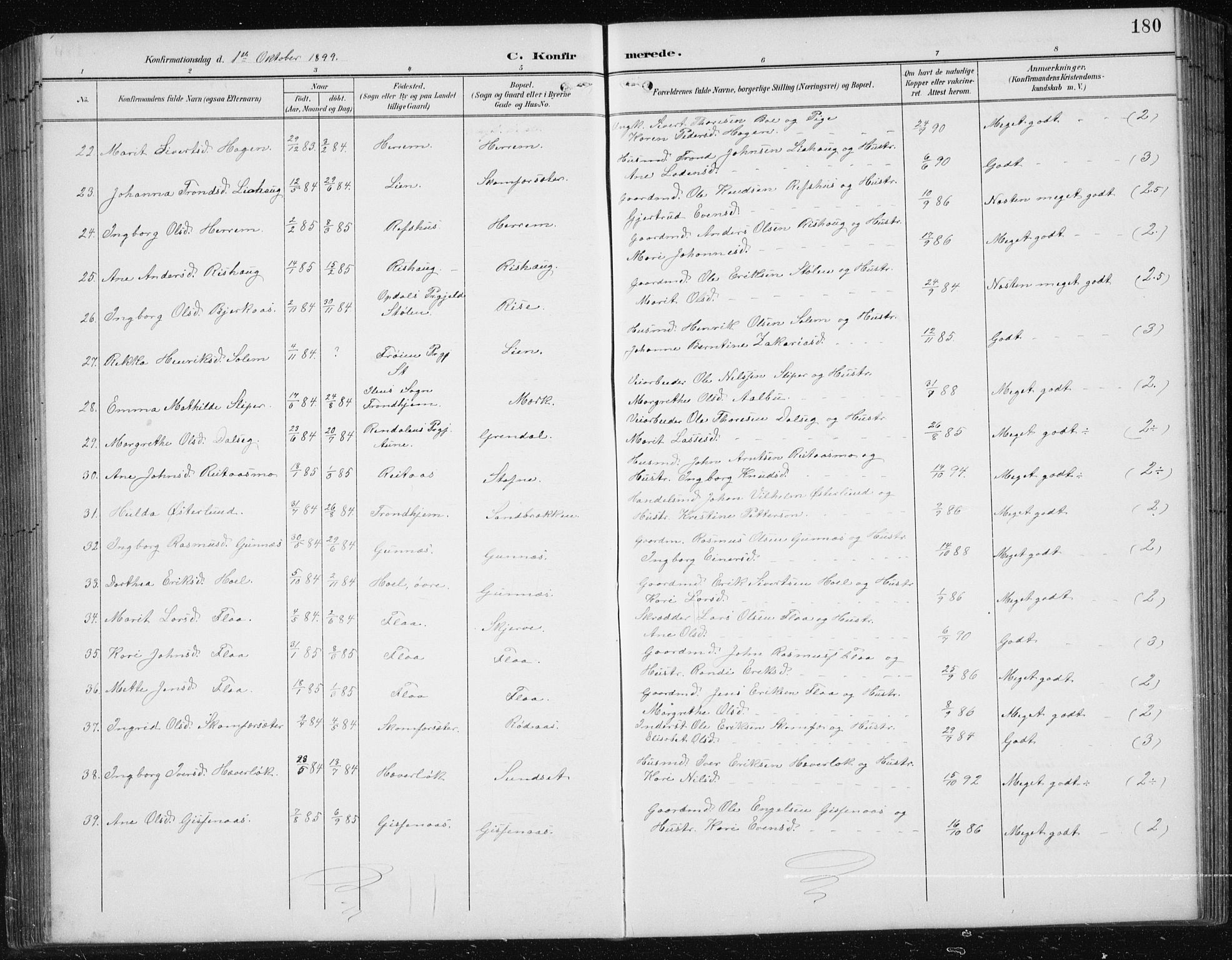 Ministerialprotokoller, klokkerbøker og fødselsregistre - Sør-Trøndelag, AV/SAT-A-1456/674/L0876: Klokkerbok nr. 674C03, 1892-1912, s. 180