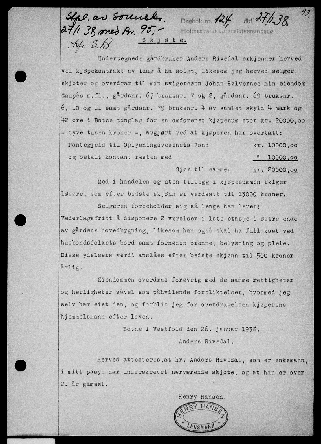 Holmestrand sorenskriveri, SAKO/A-67/G/Ga/Gaa/L0049: Pantebok nr. A-49, 1937-1938, Dagboknr: 124/1938
