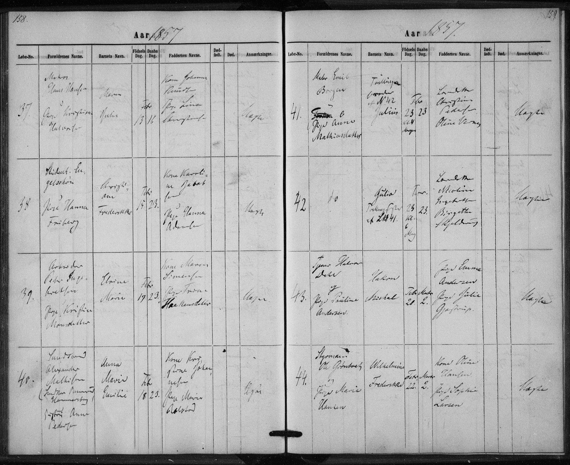 Rikshospitalet prestekontor Kirkebøker, AV/SAO-A-10309b/K/L0002/0001: Dåpsbok nr. 2.1, 1854-1860, s. 158-159