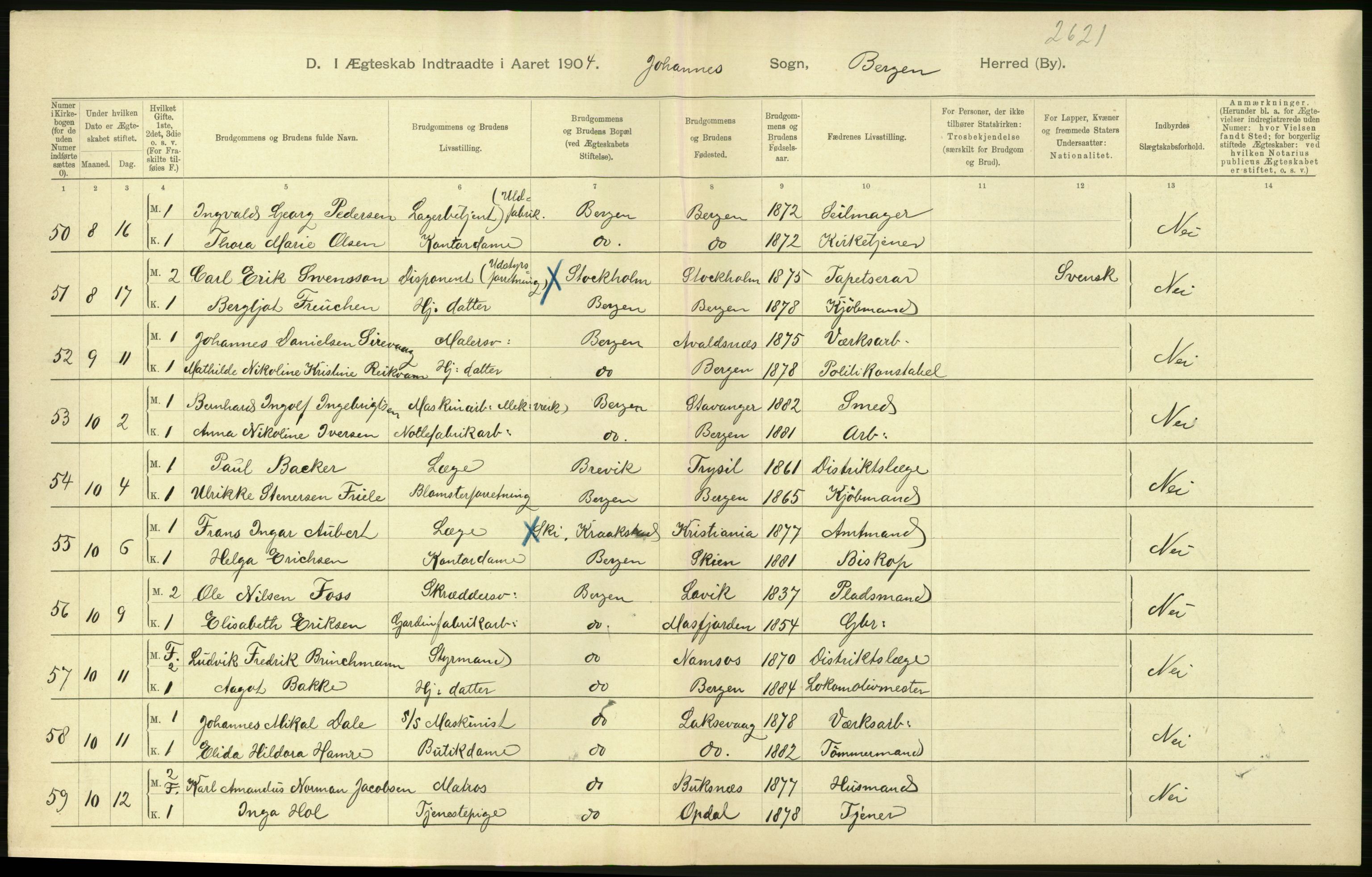 Statistisk sentralbyrå, Sosiodemografiske emner, Befolkning, RA/S-2228/D/Df/Dfa/Dfab/L0014: Bergen: Fødte, gifte, døde, 1904, s. 282