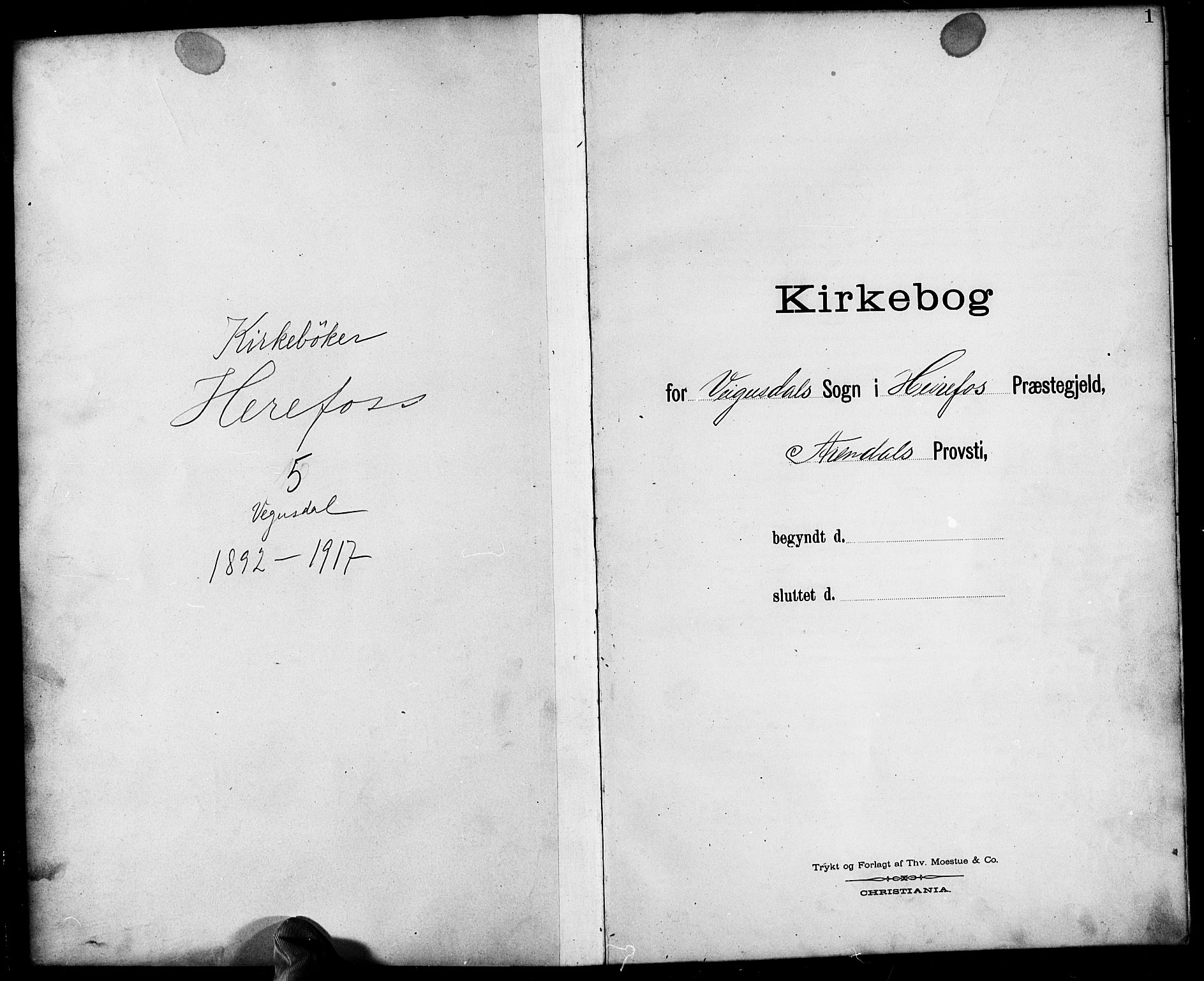 Herefoss sokneprestkontor, AV/SAK-1111-0019/F/Fb/Fbb/L0003: Klokkerbok nr. B 3, 1892-1917, s. 1