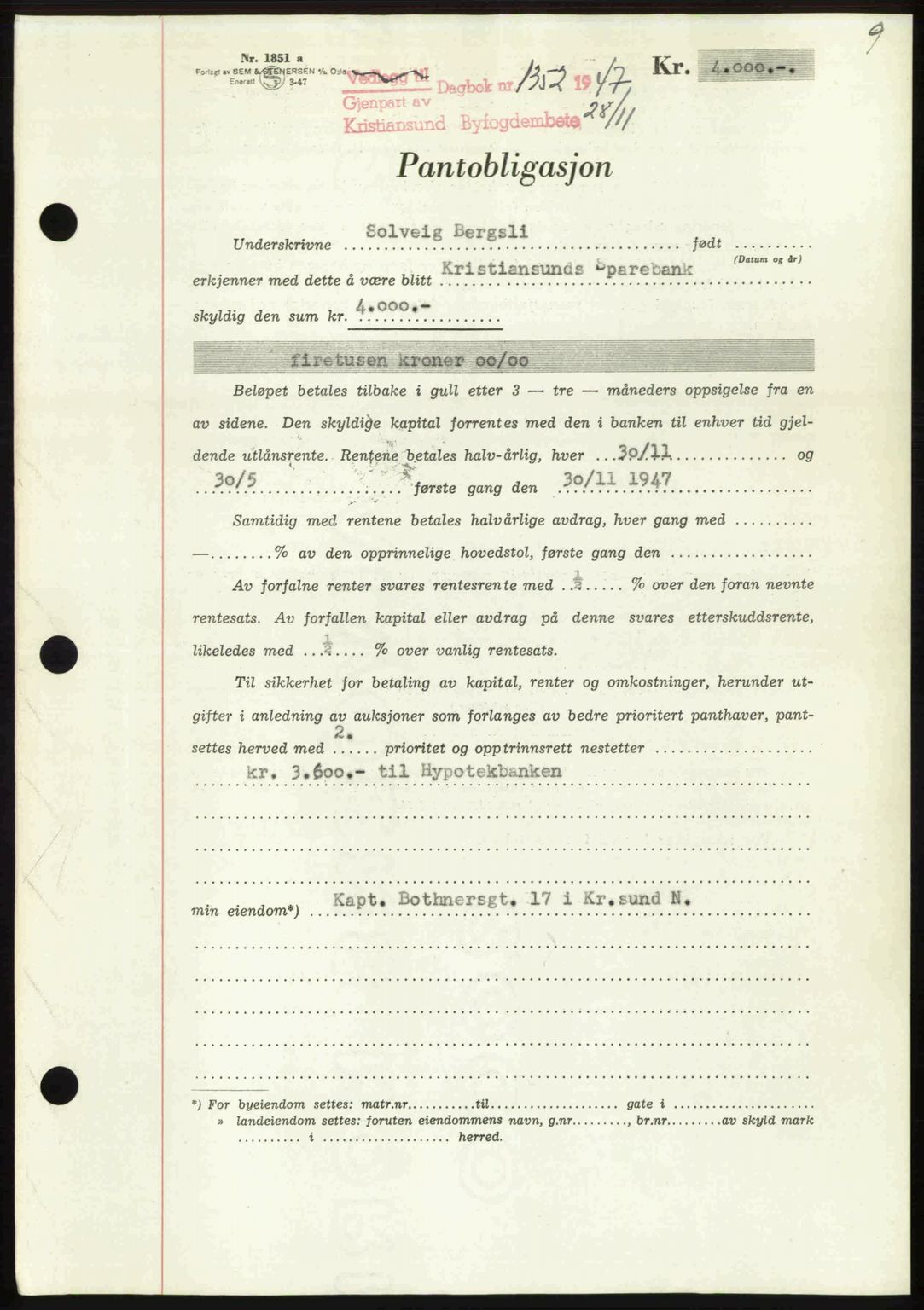 Kristiansund byfogd, SAT/A-4587/A/27: Pantebok nr. 44, 1947-1948, Dagboknr: 1352/1947