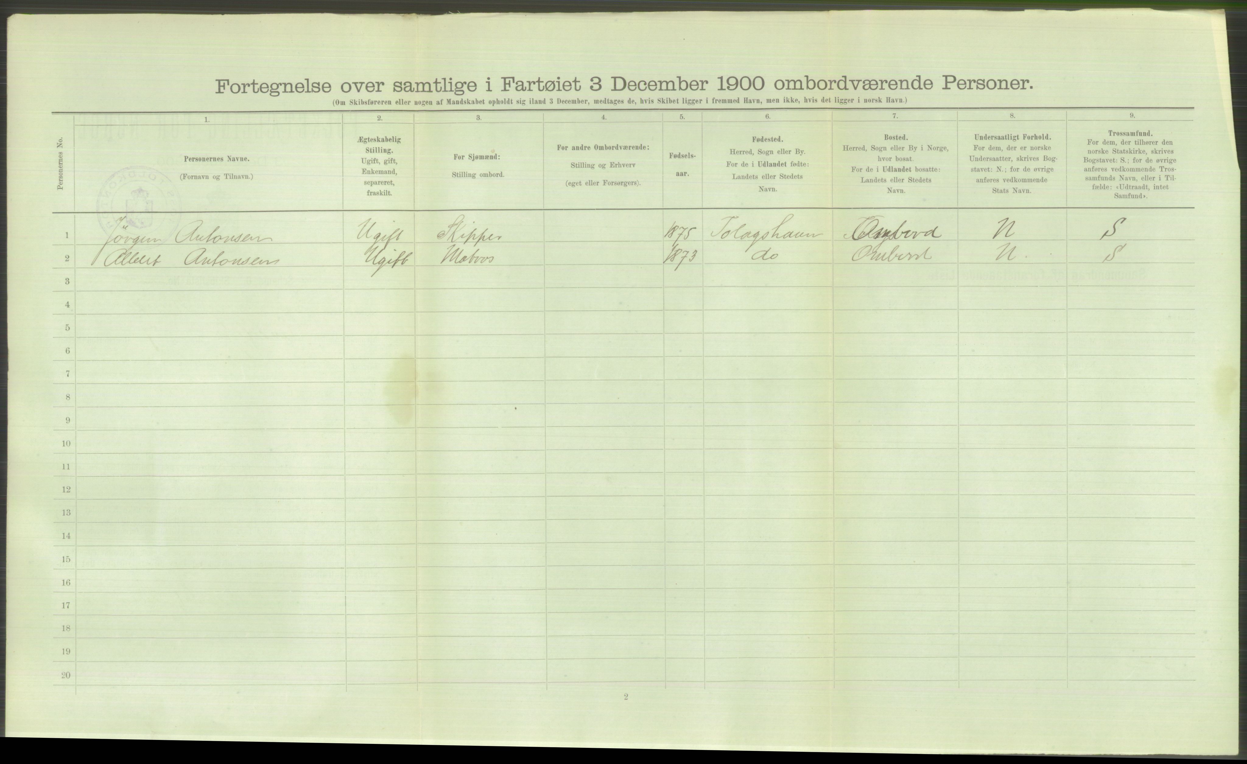 RA, Folketelling 1900 - skipslister med personlister for skip i norske havner, utenlandske havner og til havs, 1900, s. 148