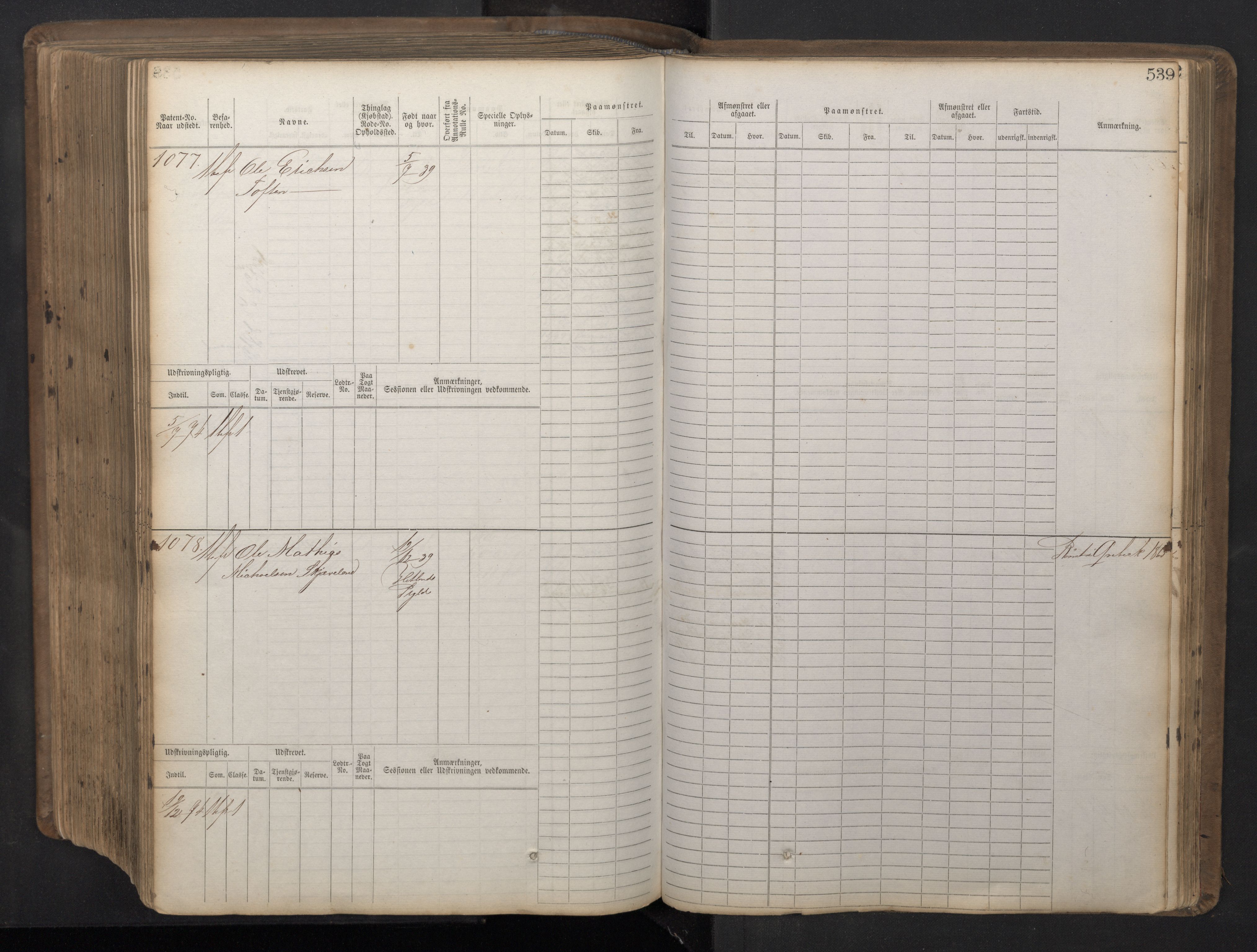 Stavanger sjømannskontor, AV/SAST-A-102006/F/Fb/Fbb/L0016: Sjøfartshovedrulle patnentnr. 1-1202 (dublett), 1869, s. 539