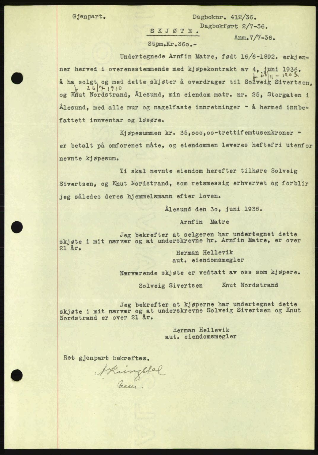 Ålesund byfogd, AV/SAT-A-4384: Pantebok nr. 34 I, 1936-1938, Dagboknr: 412/1936