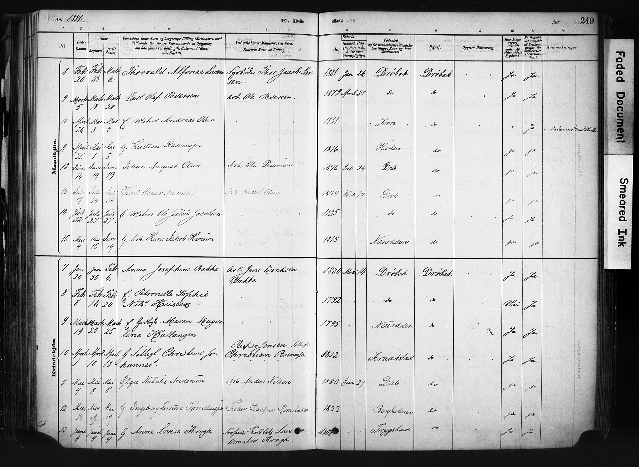 Drøbak prestekontor Kirkebøker, AV/SAO-A-10142a/F/Fb/L0001: Ministerialbok nr. II 1, 1878-1891, s. 249