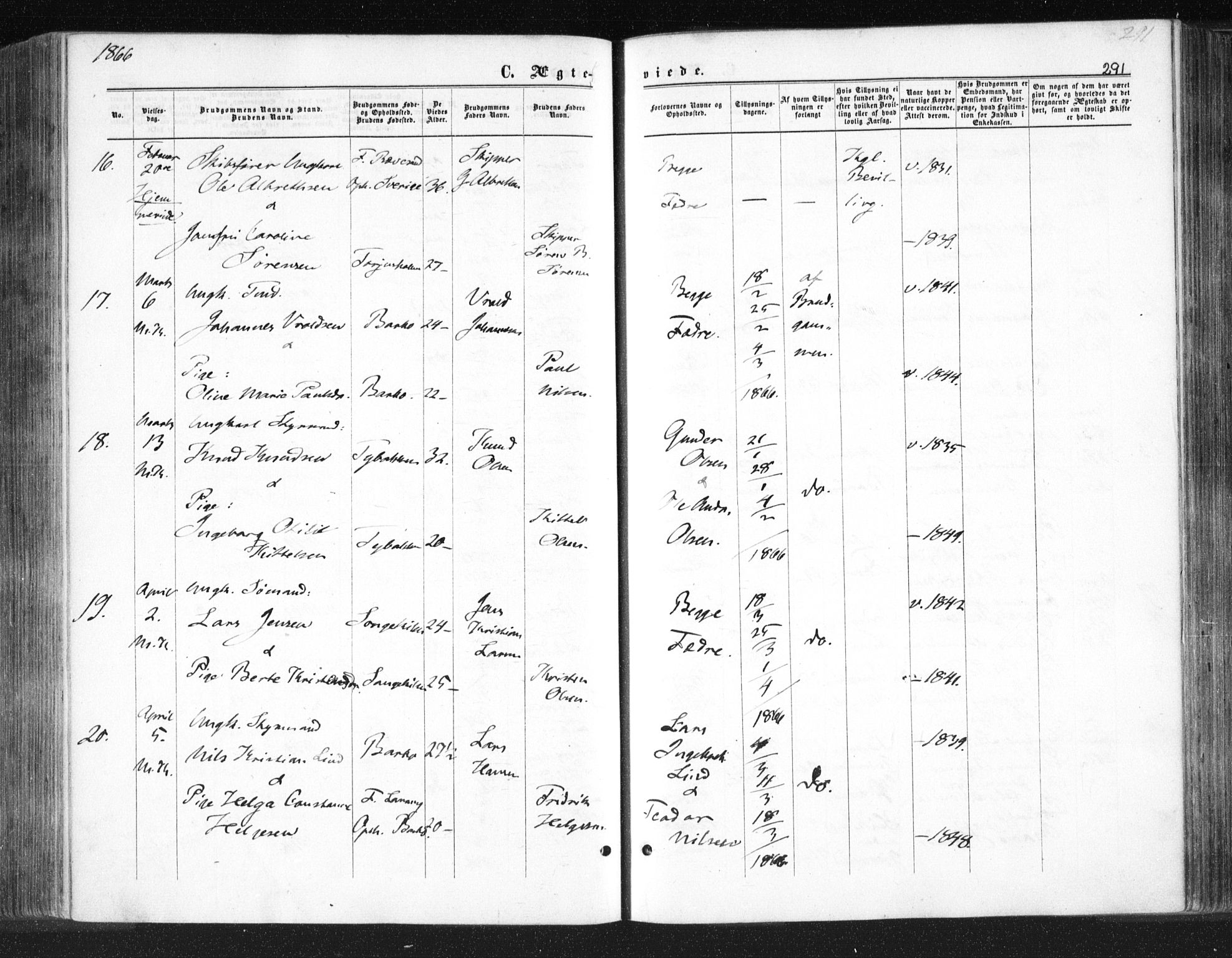 Tromøy sokneprestkontor, AV/SAK-1111-0041/F/Fa/L0007: Ministerialbok nr. A 7, 1864-1869, s. 291