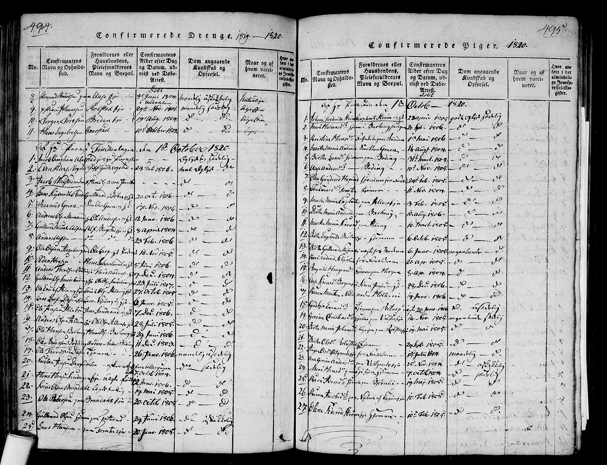Nes prestekontor Kirkebøker, AV/SAO-A-10410/G/Ga/L0001: Klokkerbok nr. I 1, 1815-1835, s. 494-495