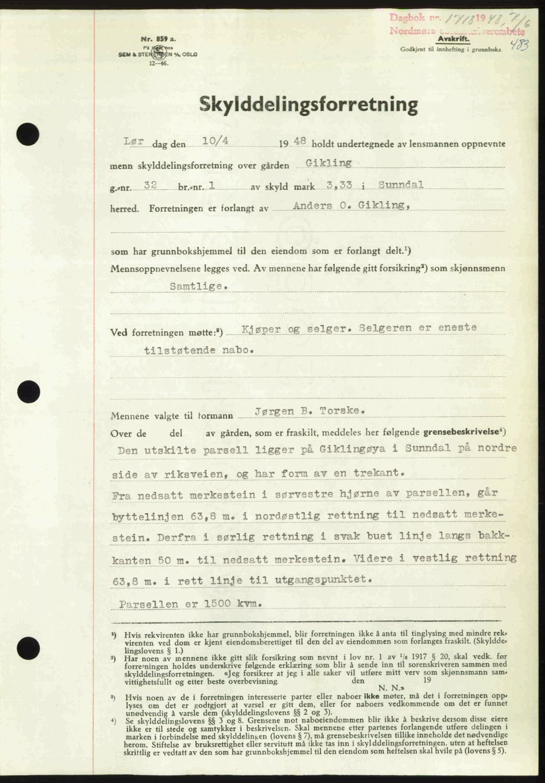 Nordmøre sorenskriveri, SAT/A-4132/1/2/2Ca: Pantebok nr. A108, 1948-1948, Dagboknr: 1718/1948