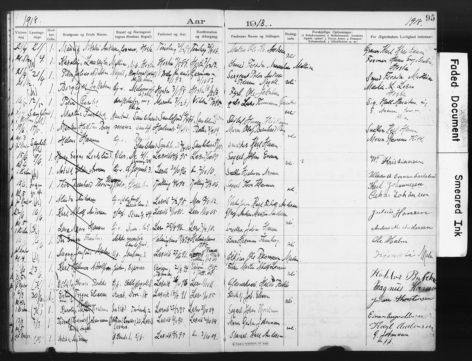 Larvik kirkebøker, AV/SAKO-A-352/H/Ha/L0003: Lysningsprotokoll nr. 3, 1907-1918, s. 95