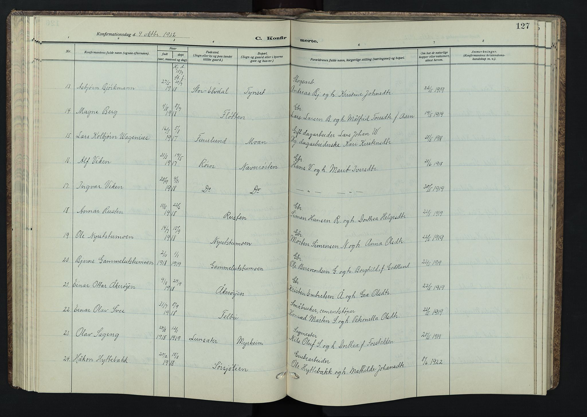 Tynset prestekontor, AV/SAH-PREST-058/H/Ha/Hab/L0012: Klokkerbok nr. 12, 1930-1944, s. 127