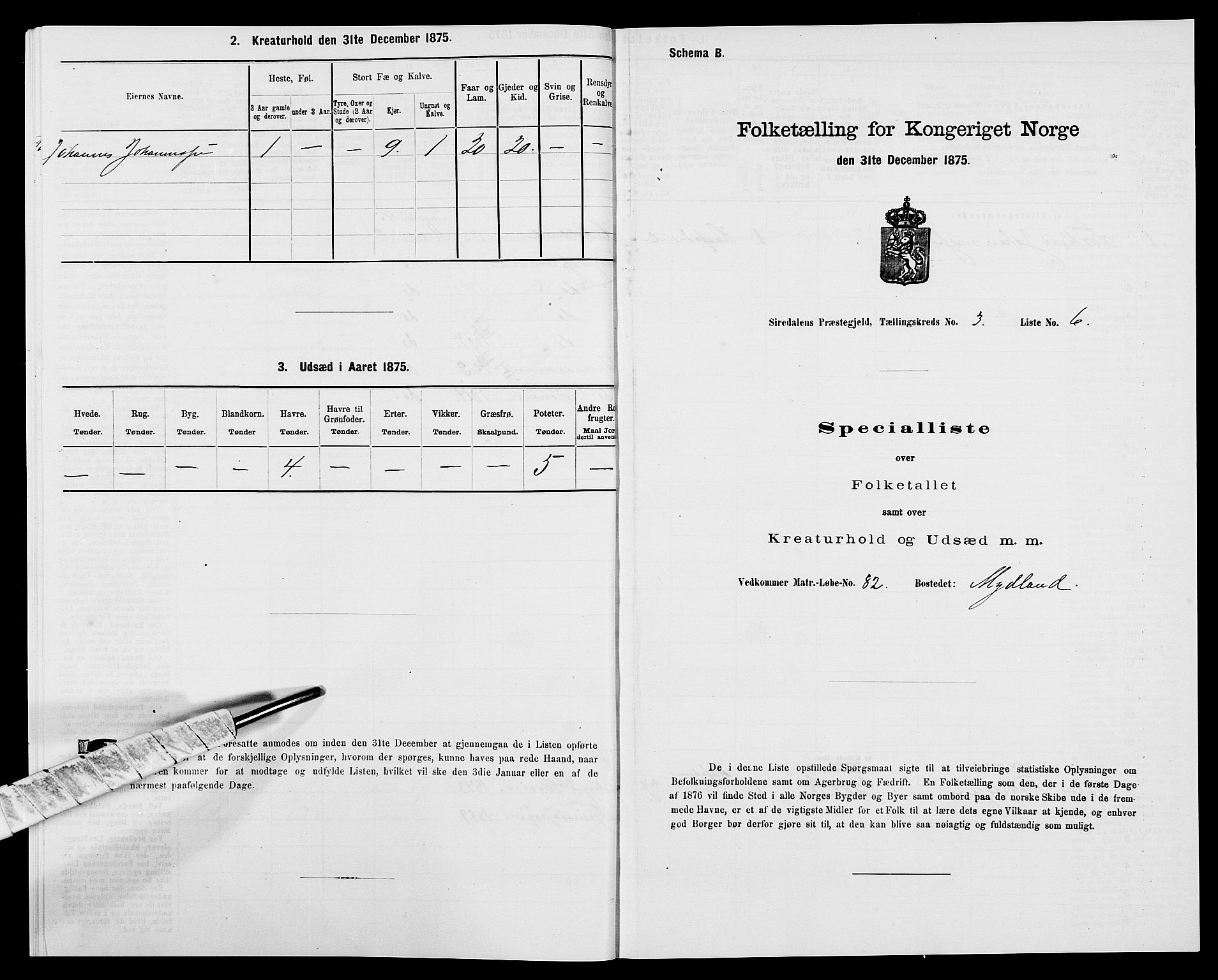 SAK, Folketelling 1875 for 1046P Sirdal prestegjeld, 1875, s. 286