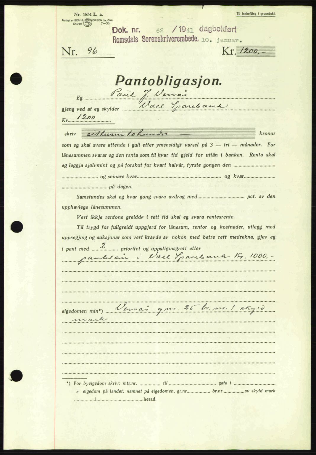 Romsdal sorenskriveri, SAT/A-4149/1/2/2C: Pantebok nr. B2, 1939-1945, Dagboknr: 62/1941