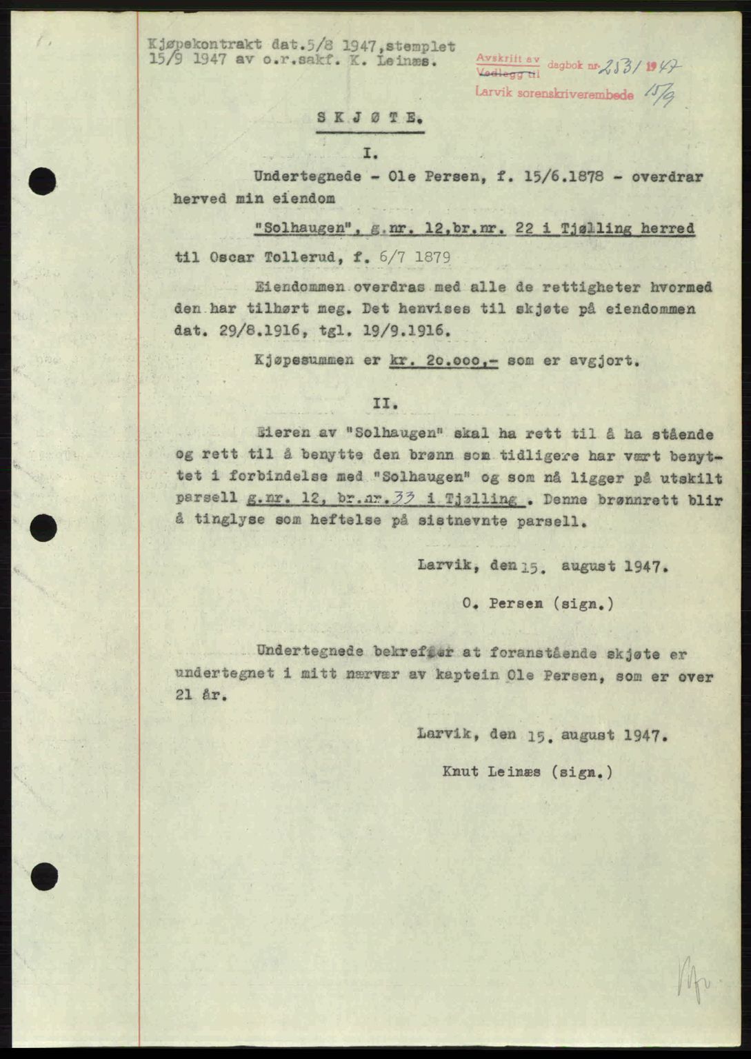 Larvik sorenskriveri, SAKO/A-83/G/Ga/Gab/L0085: Pantebok nr. A-19, 1947-1948, Dagboknr: 2531/1947
