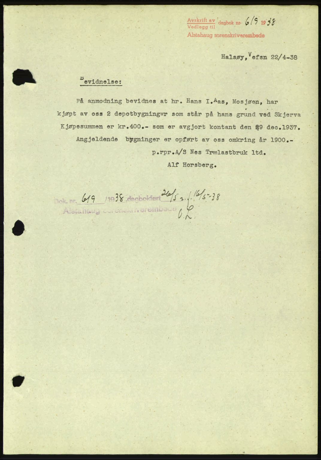 Alstahaug sorenskriveri, SAT/A-1009: Pantebok nr. A3, 1937-1938, Dagboknr: 619/1938