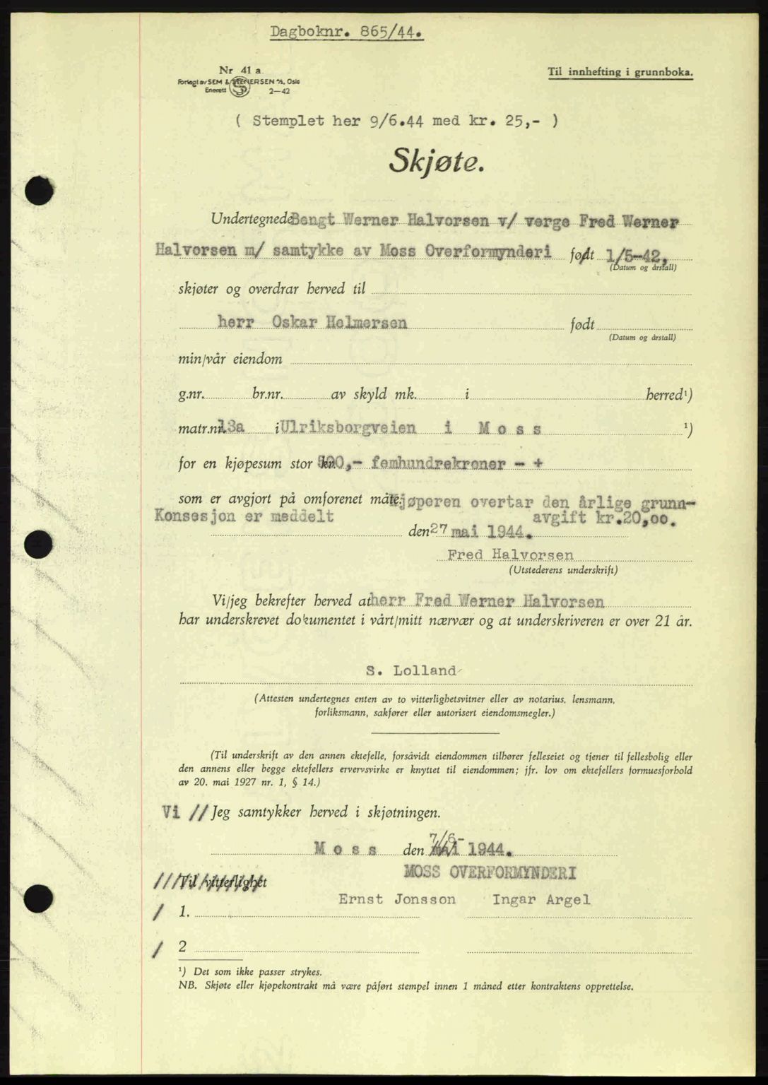 Moss sorenskriveri, SAO/A-10168: Pantebok nr. A12, 1943-1944, Dagboknr: 865/1944