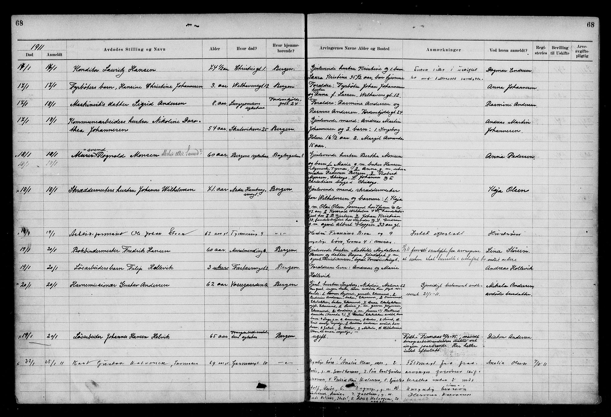 Byfogd og Byskriver i Bergen, AV/SAB-A-3401/06/06Na/L0009: Dødsfallsjournaler, 1910-1915, s. 68