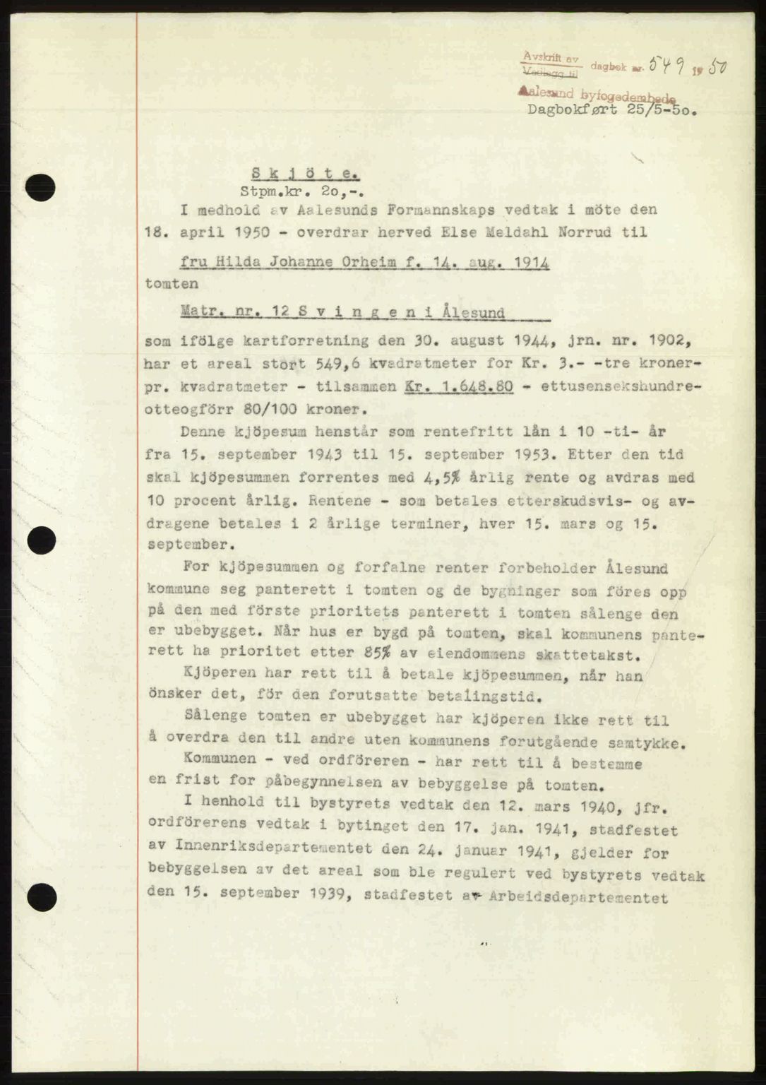 Ålesund byfogd, AV/SAT-A-4384: Pantebok nr. 37A (2), 1949-1950, Dagboknr: 549/1950
