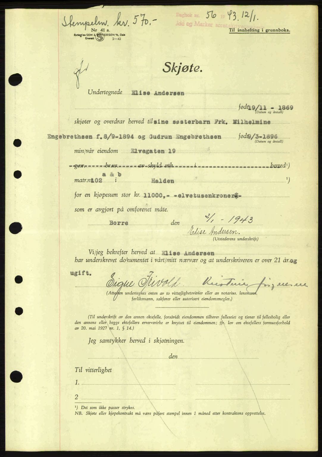 Idd og Marker sorenskriveri, AV/SAO-A-10283/G/Gb/Gbb/L0005: Pantebok nr. A5, 1941-1943, Dagboknr: 56/1943