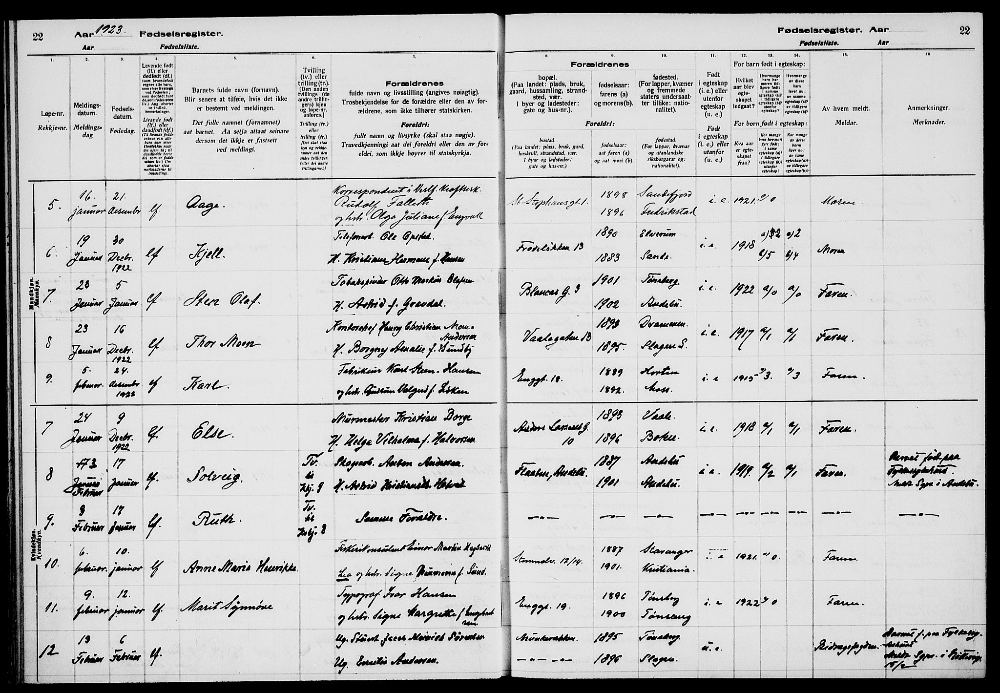 Tønsberg kirkebøker, AV/SAKO-A-330/J/Ja/L0002: Fødselsregister nr. 2, 1922-1928, s. 22