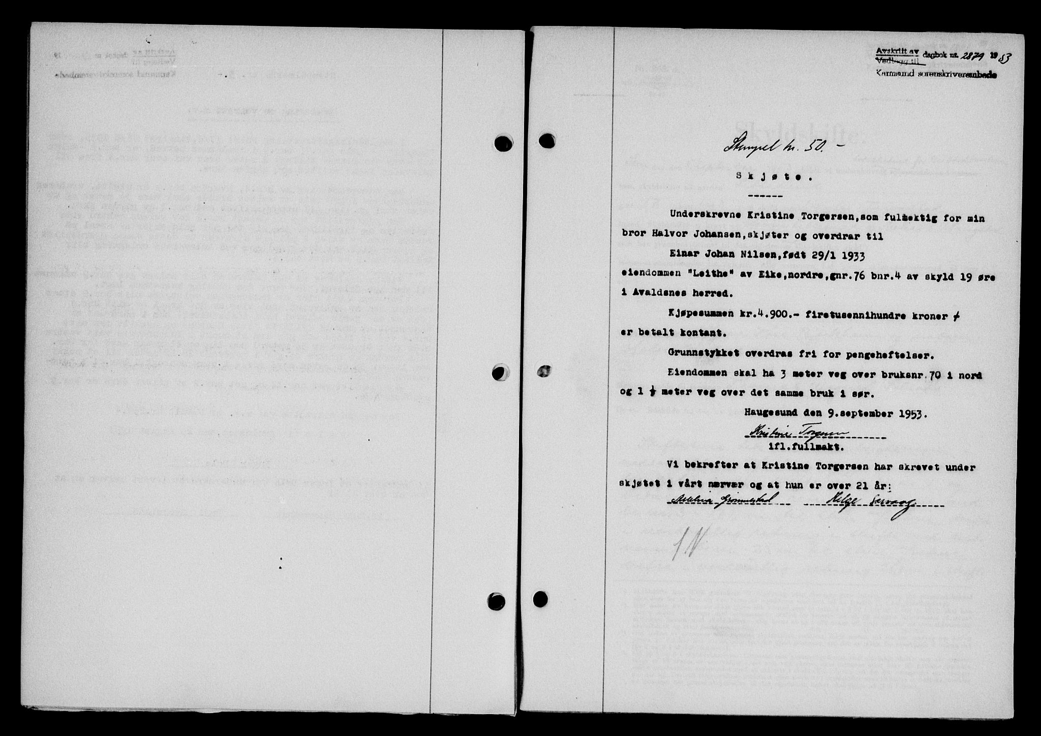Karmsund sorenskriveri, SAST/A-100311/01/II/IIB/L0109: Pantebok nr. 89A, 1953-1953, Dagboknr: 2879/1953