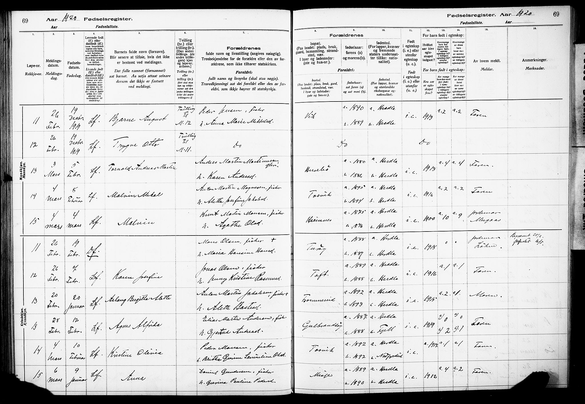 Herdla Sokneprestembete, AV/SAB-A-75701/I/Id/L00A1: Fødselsregister nr. A 1, 1916-1929, s. 69